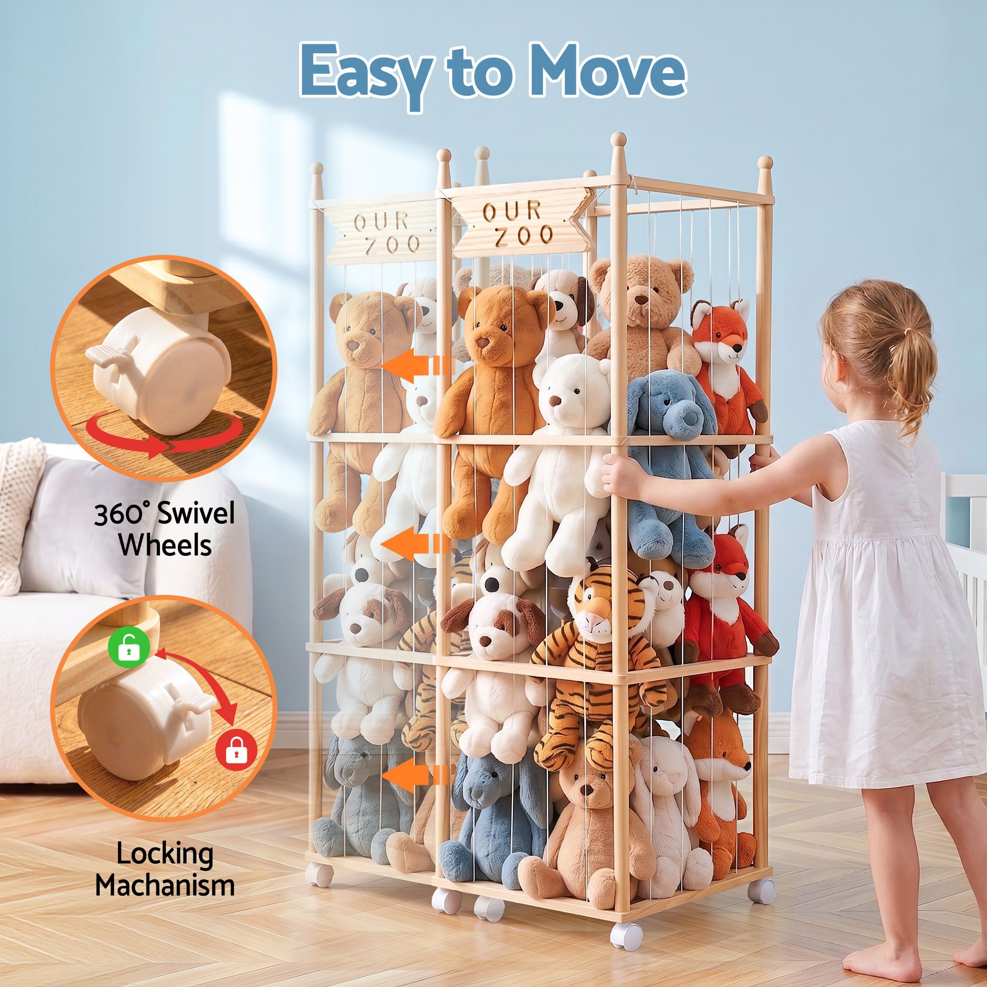 Keezi Stuffed Animal Storage Wooden Toy Holder with Wheels Soft Toy Storage Zoo Cage Stuffy Toy Storage Organizers with Elastic Cords for Playroom Bedroom Nursery - Image 6