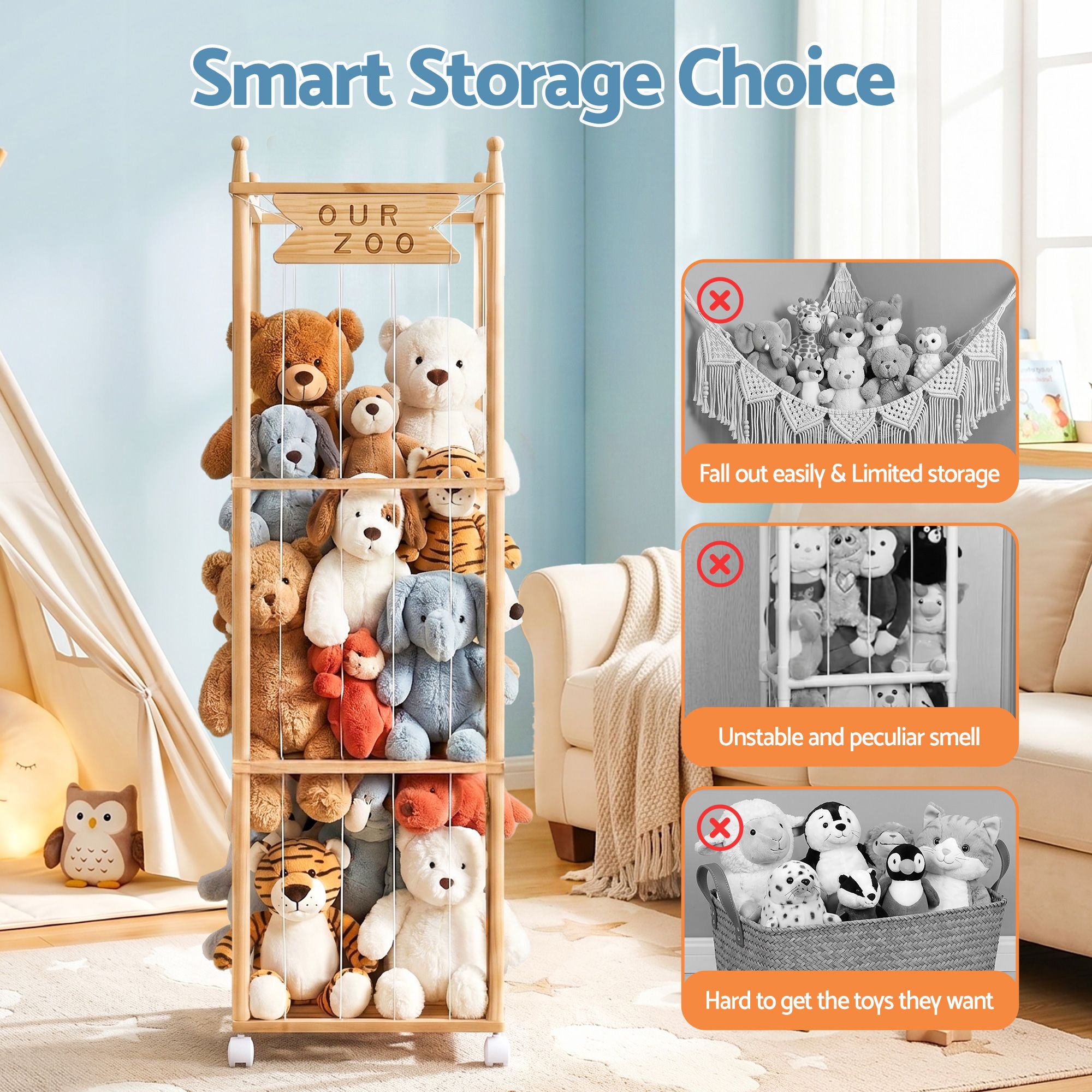 Keezi Stuffed Animal Storage Wooden Toy Holder with Wheels Soft Toy Storage Zoo Cage Stuffy Toy Storage Organizers with Elastic Cords for Playroom Bedroom Nursery - Image 7
