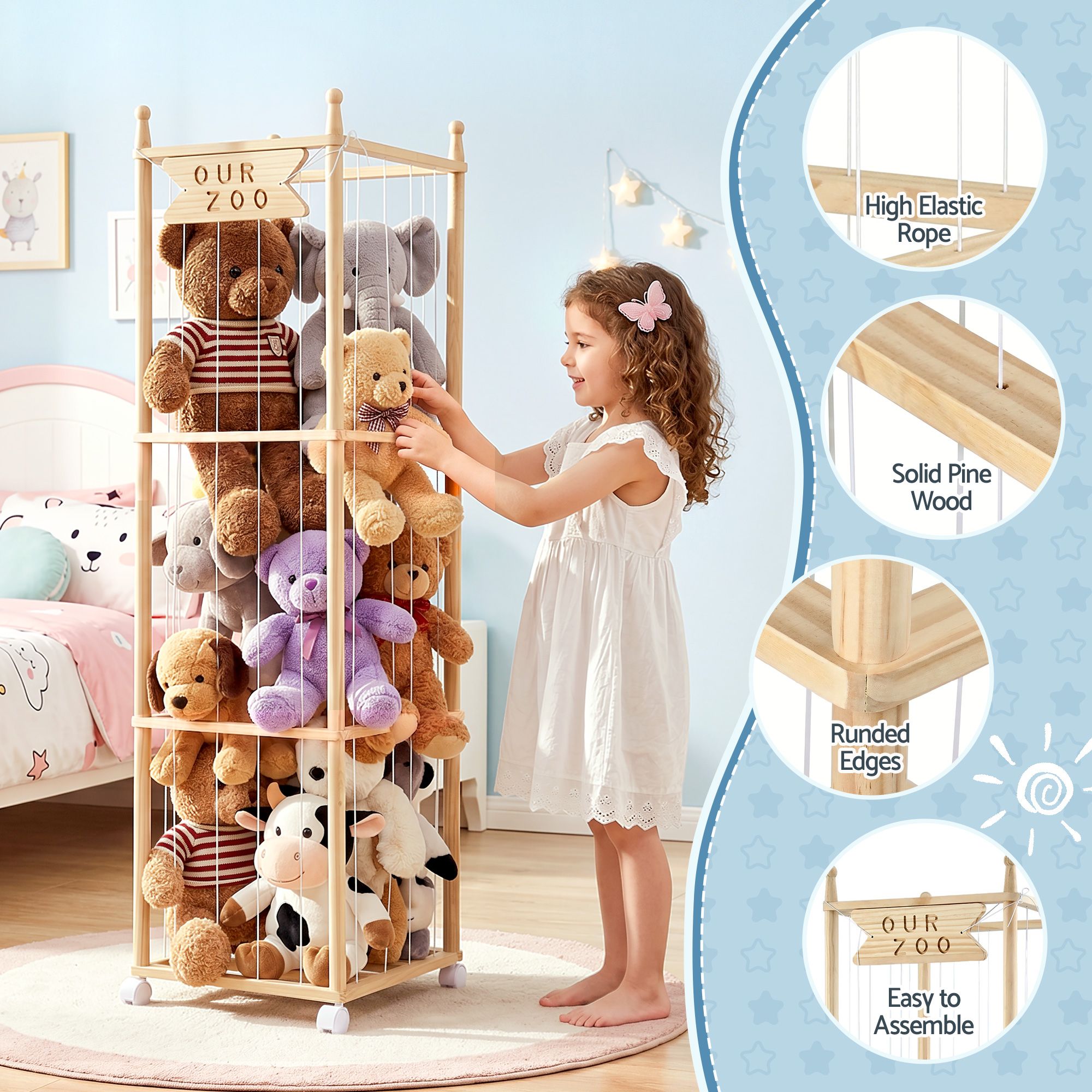 Keezi Stuffed Animal Storage Wooden Toy Holder with Wheels Soft Toy Storage Zoo Cage Stuffy Toy Storage Organizers with Elastic Cords for Playroom Bedroom Nursery - Image 8
