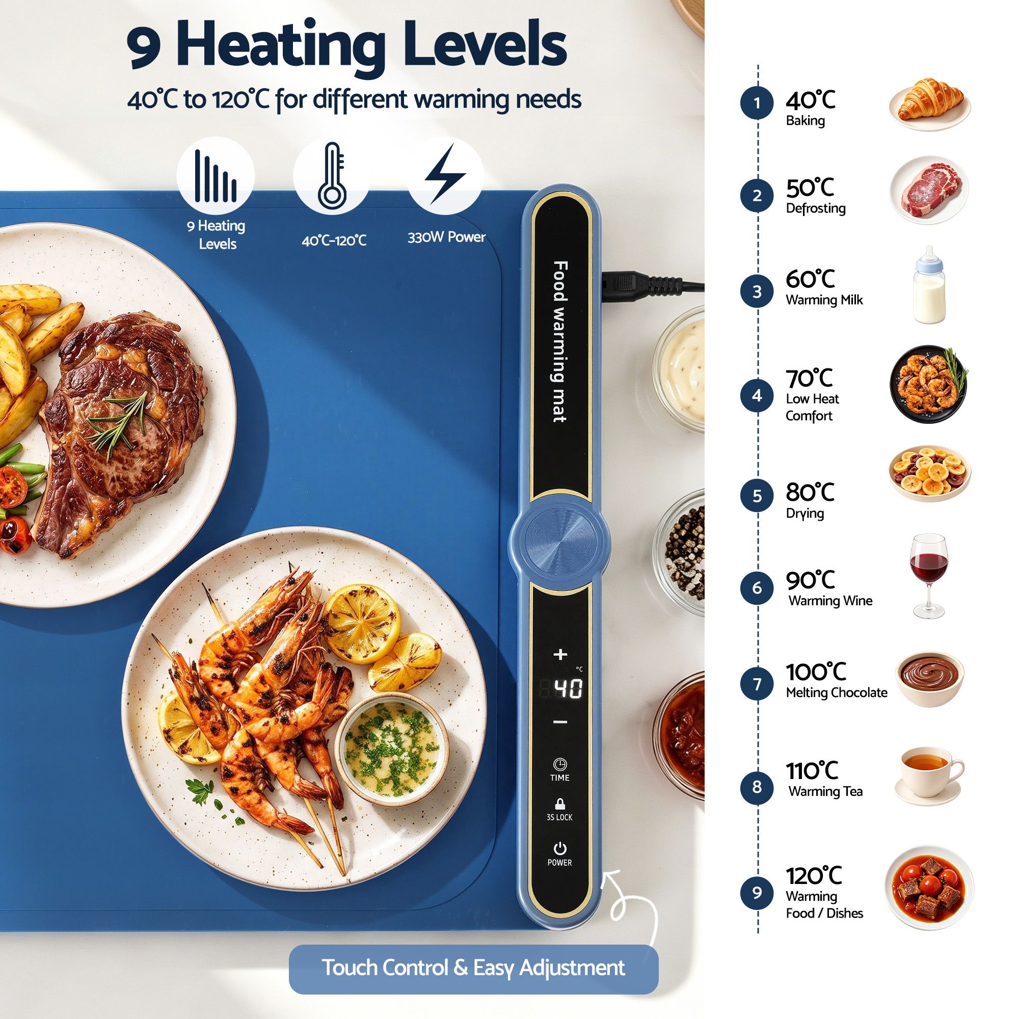 Devanti Food Warming Mat 60 x 38cm Electric Food Warmer With Timer - Image 4