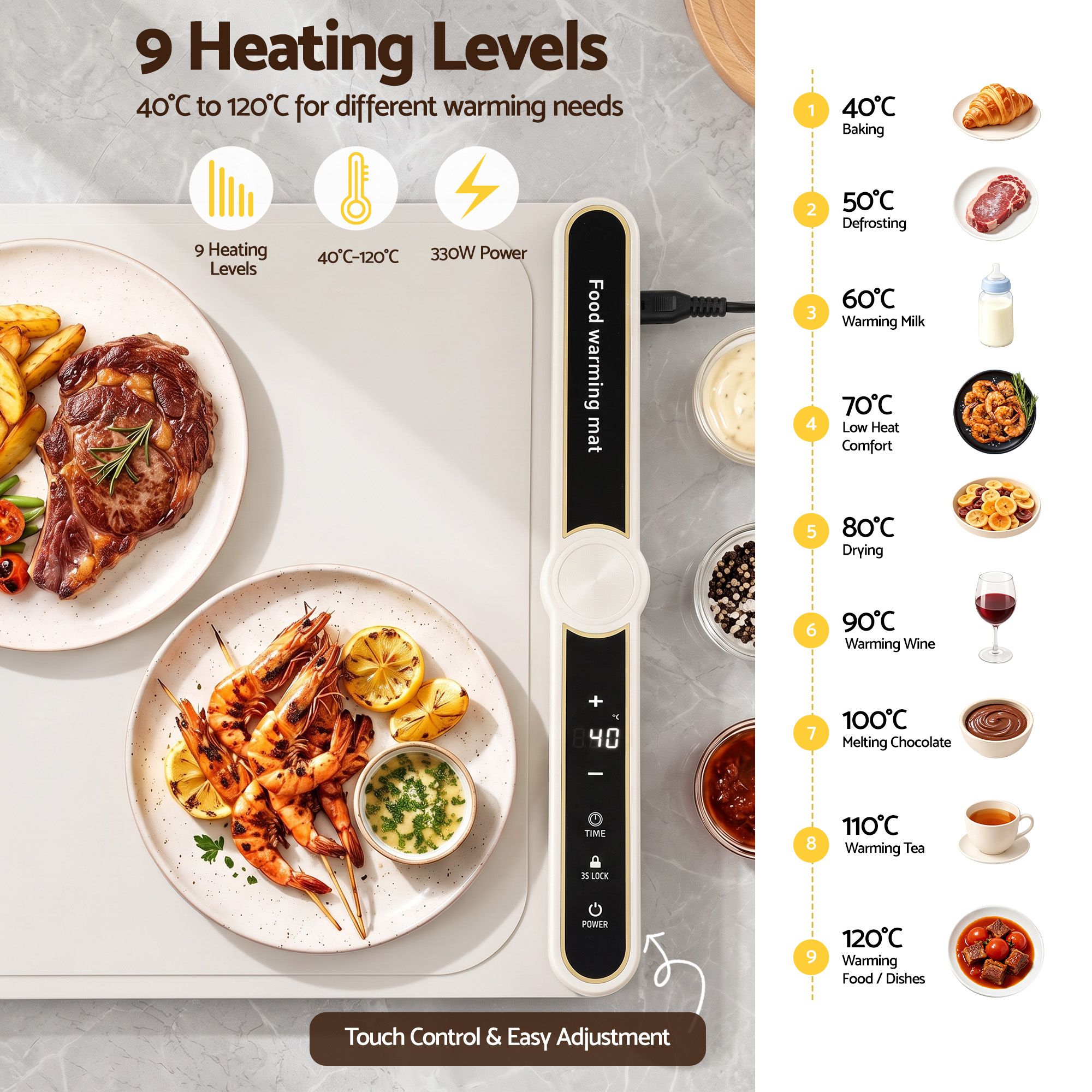 Devanti Food Warming Mat 60 x 38cm Electric Food Warmer With Timer White - Image 4