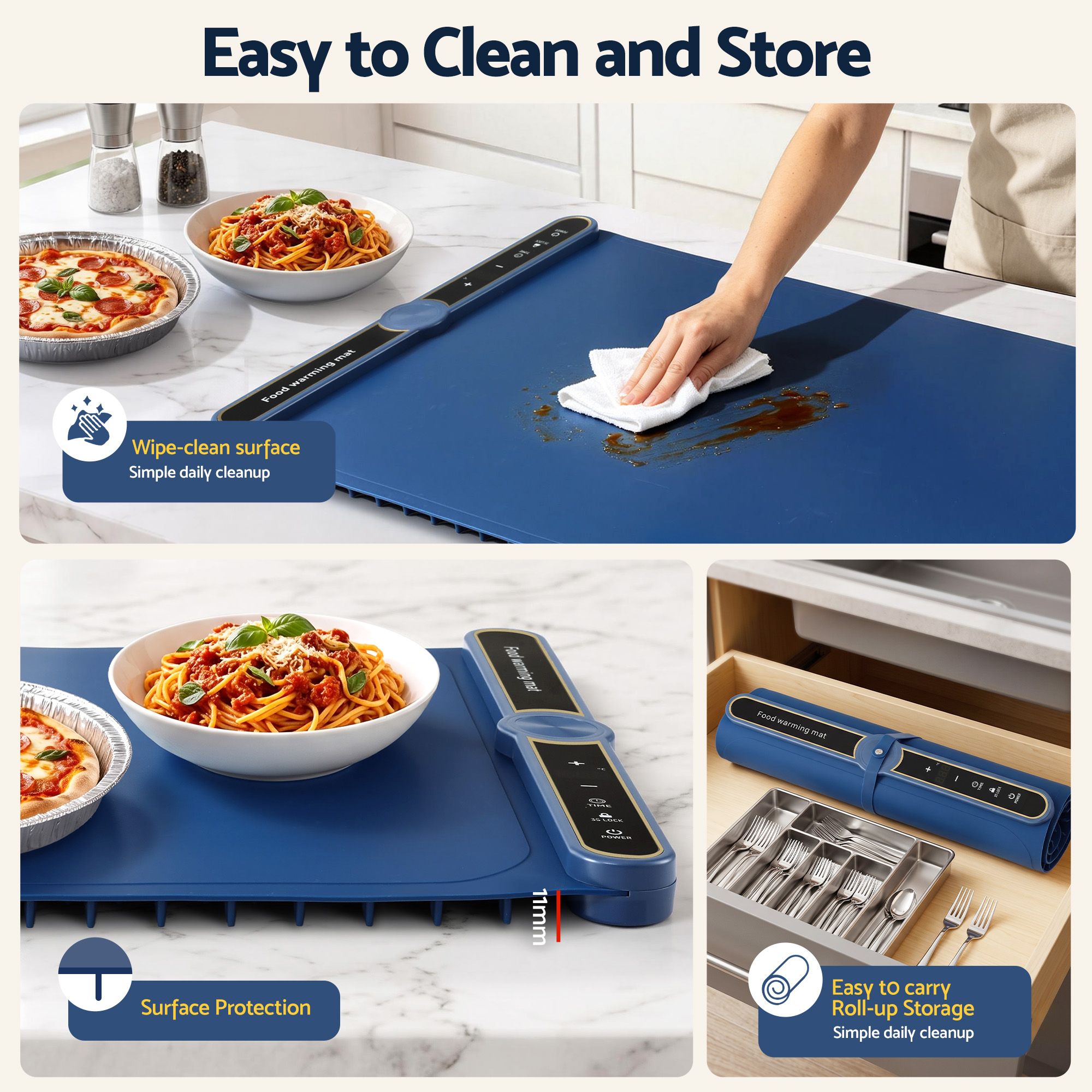 Devanti Food Warming Mat 80cm Electric Food Warmer Roll Up Buffet Tray Blue - Image 7