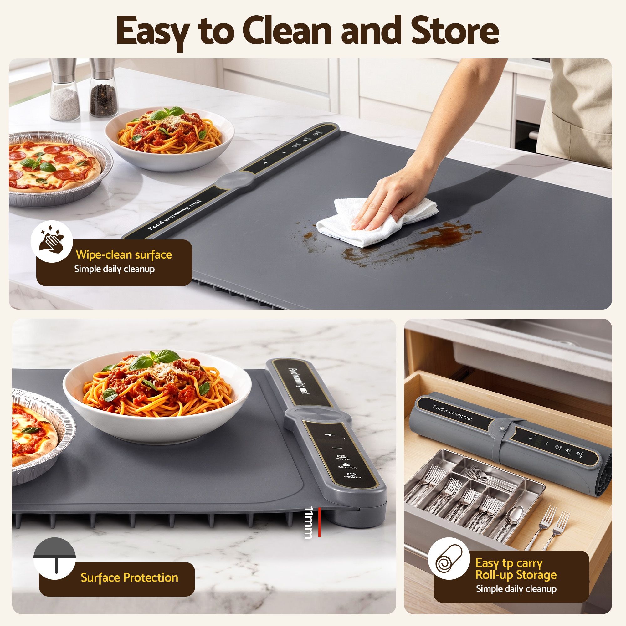 Devanti Food Warming Mat 80cm Electric Food Warmer Roll Up Buffet Tray Grey - Image 7