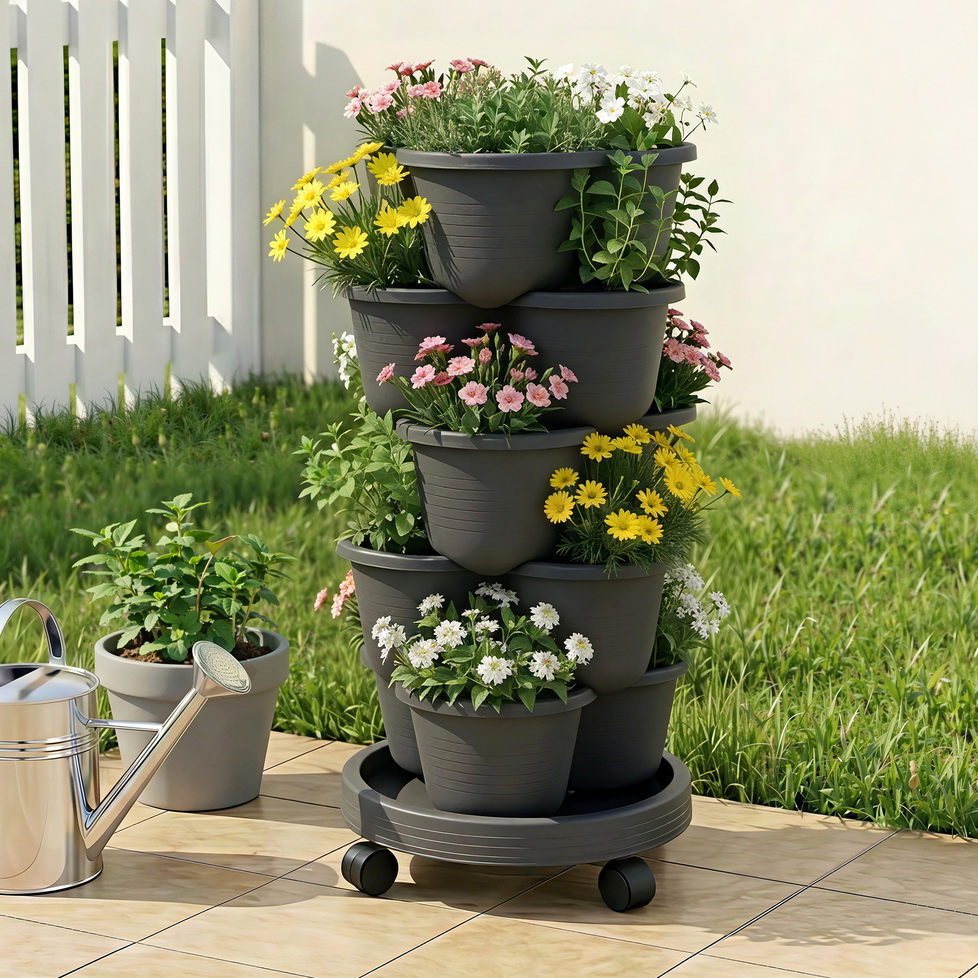 Green Fingers 5 Tier Vertical Garden Planter, Stackable Planters with 4 Wheels, Black, Raised Garden Bed, Garden Tower Indoor Outdoor, Auto Drainage System, for Strawberries, Herbs, Flower, Vegetables - Image 1