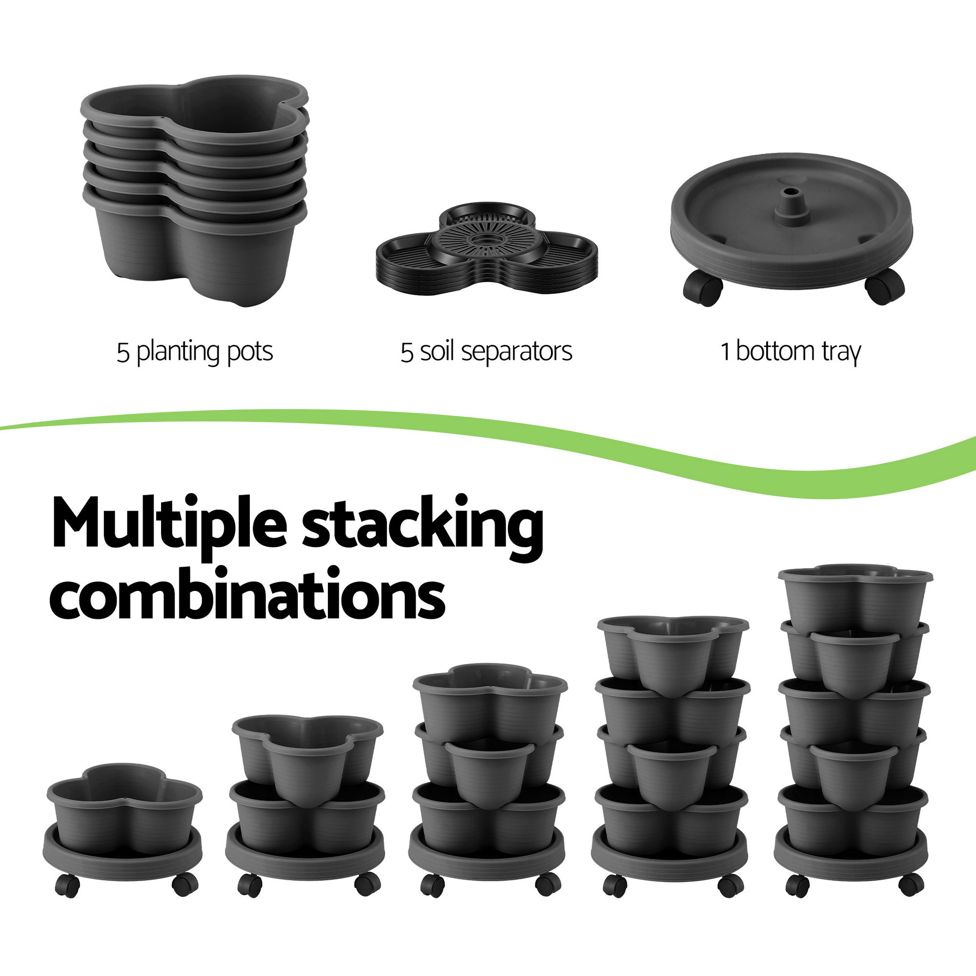 Green Fingers 5 Tier Vertical Garden Planter, Stackable Planters with 4 Wheels, Black, Raised Garden Bed, Garden Tower Indoor Outdoor, Auto Drainage System, for Strawberries, Herbs, Flower, Vegetables - Image 6