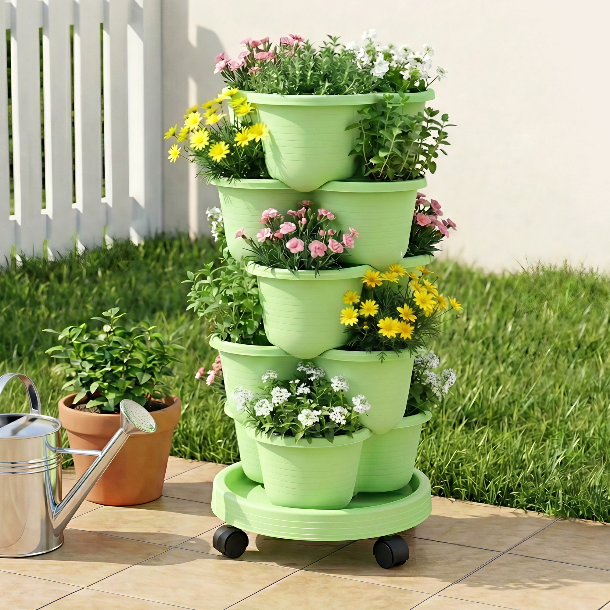 Green Fingers 5 Tier Vertical Garden Planter, Stackable Planters with Wheels, Light Green, Garden Bed, Garden Tower Indoor Outdoor, Auto Drainage System, for Strawberries, Herbs, Flowers, Vegetables - Image 1