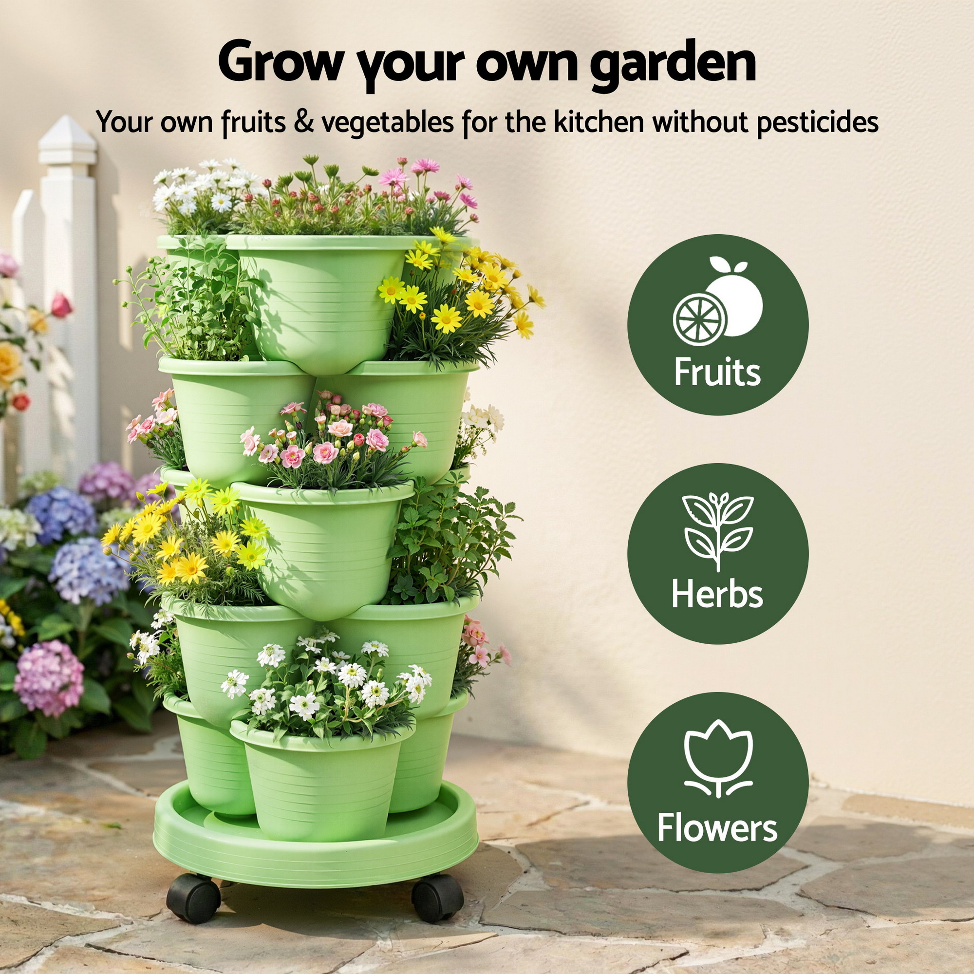 Green Fingers 5 Tier Vertical Garden Planter, Stackable Planters with Wheels, Light Green, Garden Bed, Garden Tower Indoor Outdoor, Auto Drainage System, for Strawberries, Herbs, Flowers, Vegetables - Image 2