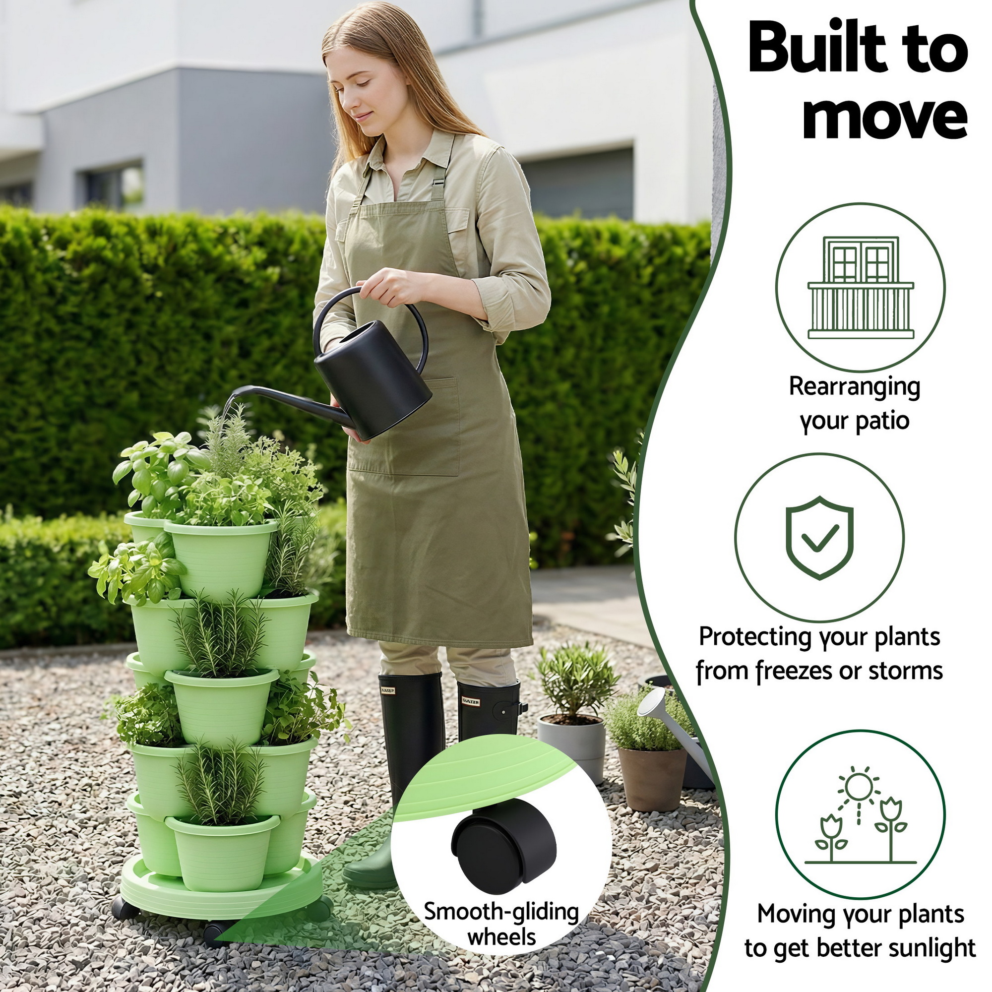 Green Fingers 5 Tier Vertical Garden Planter, Stackable Planters with Wheels, Light Green, Garden Bed, Garden Tower Indoor Outdoor, Auto Drainage System, for Strawberries, Herbs, Flowers, Vegetables - Image 3