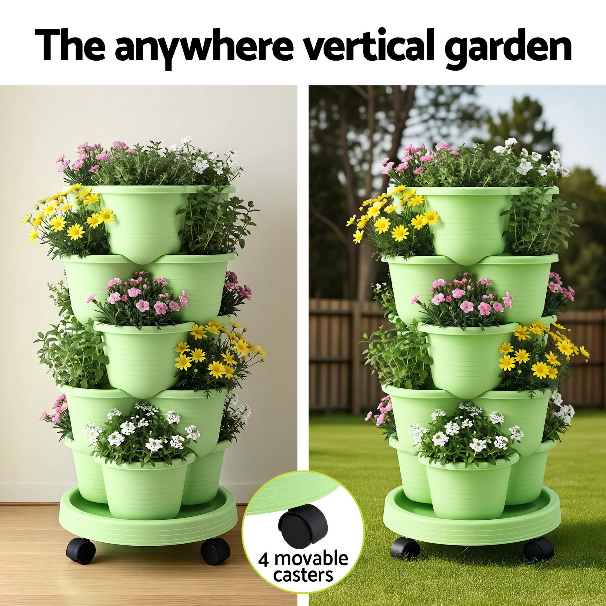 Green Fingers 5 Tier Vertical Garden Planter, Stackable Planters with Wheels, Light Green, Garden Bed, Garden Tower Indoor Outdoor, Auto Drainage System, for Strawberries, Herbs, Flowers, Vegetables - Image 4