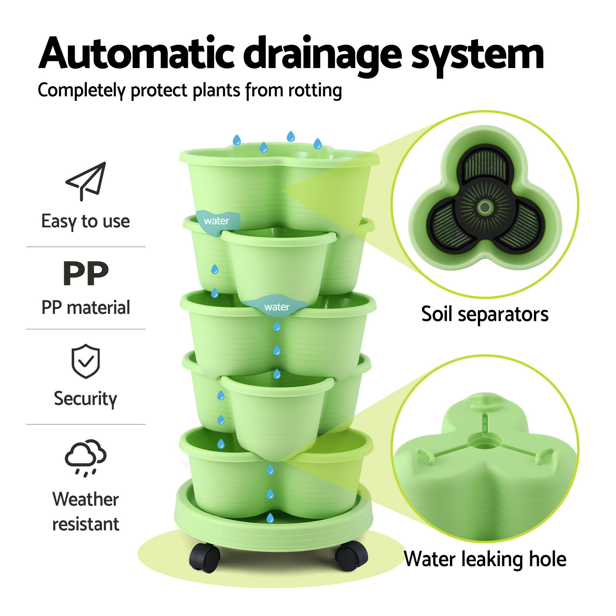 Green Fingers 5 Tier Vertical Garden Planter, Stackable Planters with Wheels, Light Green, Garden Bed, Garden Tower Indoor Outdoor, Auto Drainage System, for Strawberries, Herbs, Flowers, Vegetables - Image 5