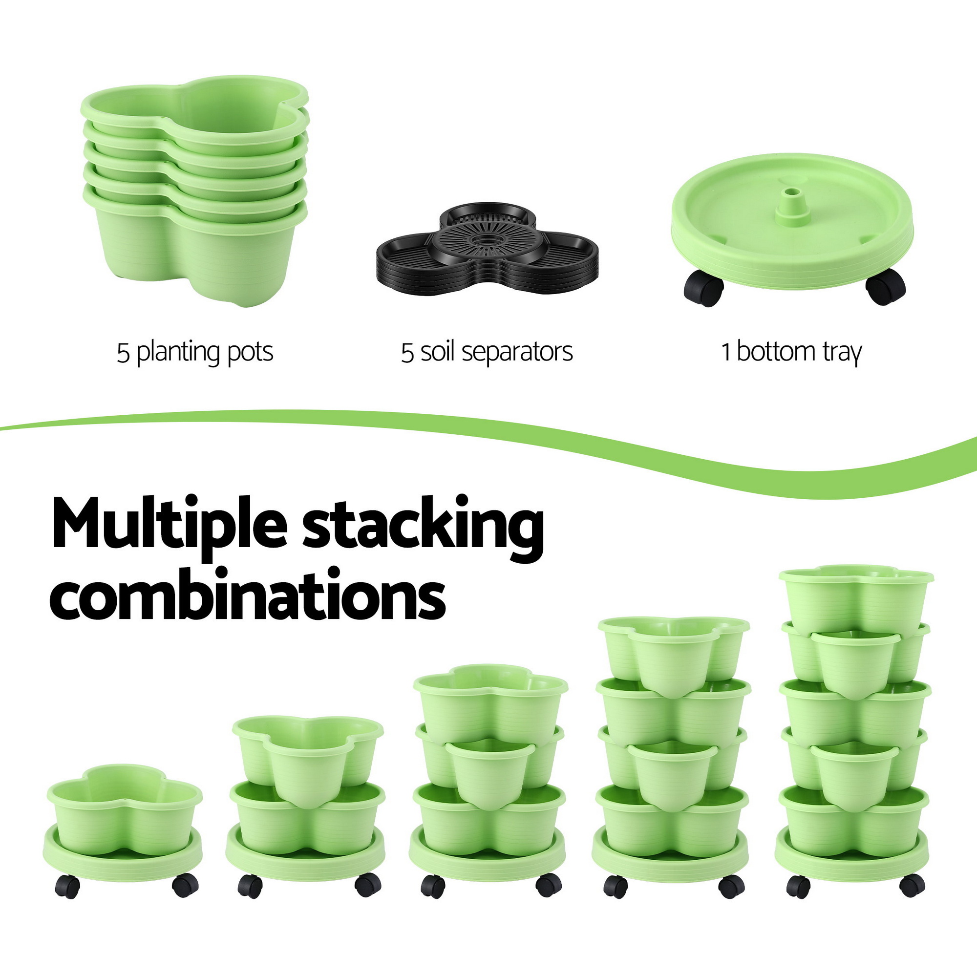 Green Fingers 5 Tier Vertical Garden Planter, Stackable Planters with Wheels, Light Green, Garden Bed, Garden Tower Indoor Outdoor, Auto Drainage System, for Strawberries, Herbs, Flowers, Vegetables - Image 6
