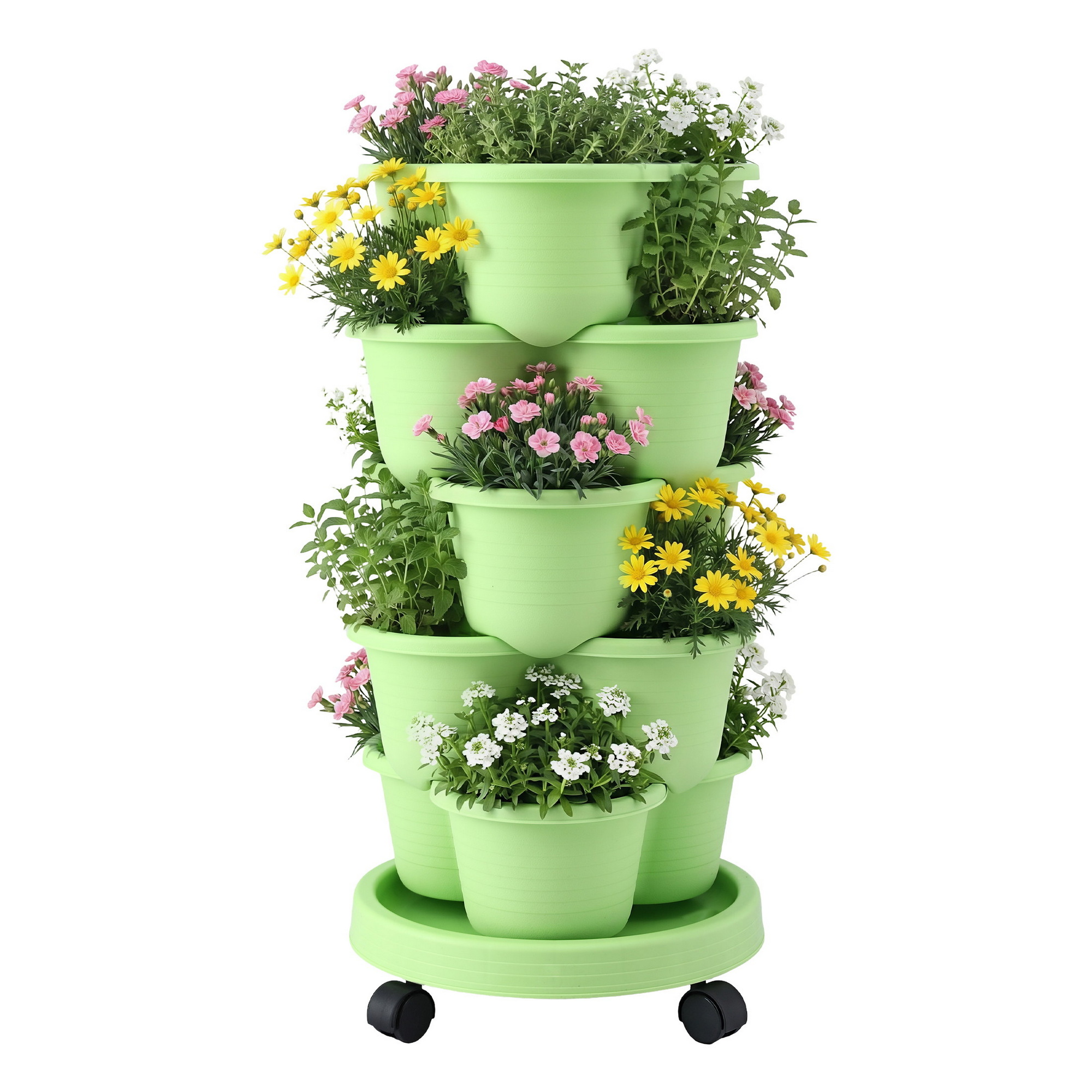 Green Fingers 5 Tier Vertical Garden Planter, Stackable Planters with Wheels, Light Green, Garden Bed, Garden Tower Indoor Outdoor, Auto Drainage System, for Strawberries, Herbs, Flowers, Vegetables - Image 8