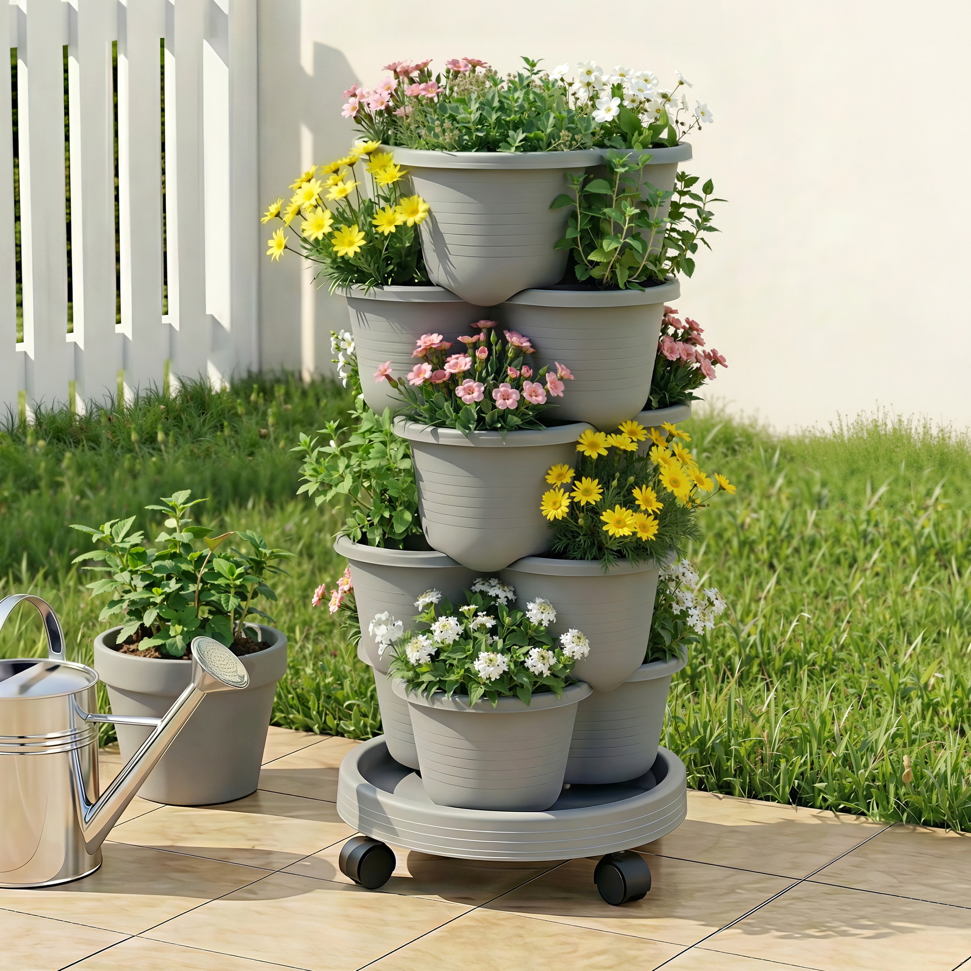 Green Fingers 5 Tier Vertical Garden Planter, Stackable Planters with 4 Wheels, Grey, Raised Garden Bed, Garden Tower Indoor Outdoor, Auto Drainage System, for Strawberries, Herbs, Flower, Vegetables - Image 1