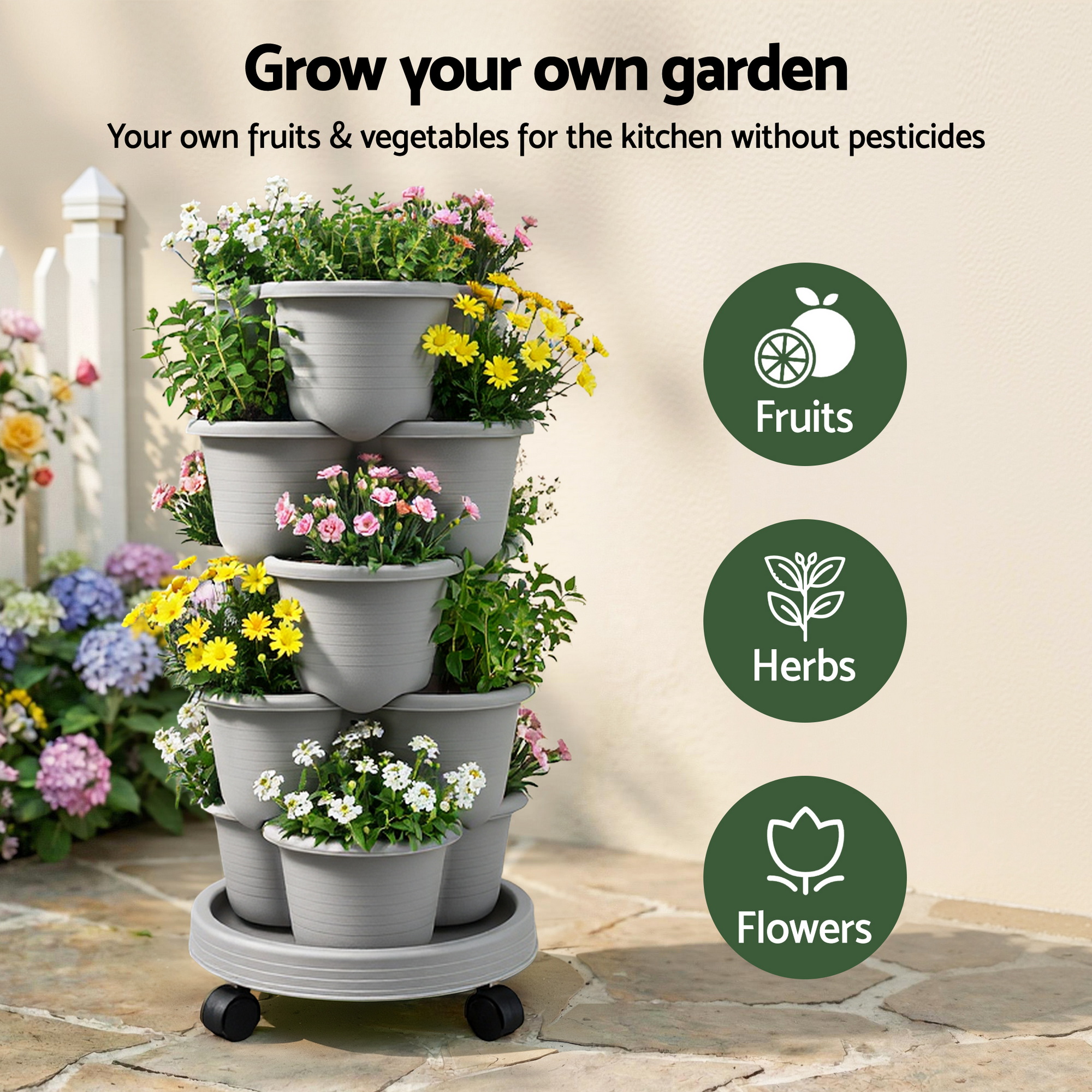 Green Fingers 5 Tier Vertical Garden Planter, Stackable Planters with 4 Wheels, Grey, Raised Garden Bed, Garden Tower Indoor Outdoor, Auto Drainage System, for Strawberries, Herbs, Flower, Vegetables - Image 2