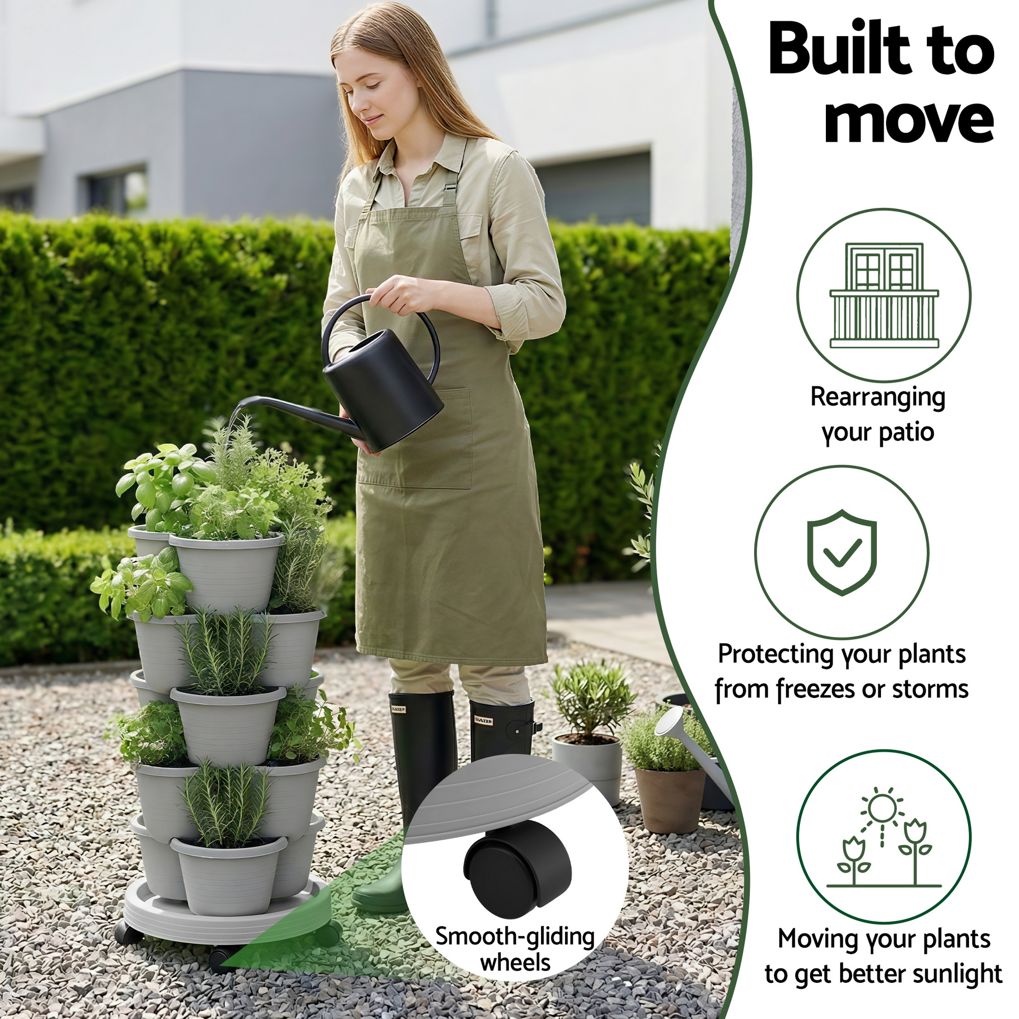 Green Fingers 5 Tier Vertical Garden Planter, Stackable Planters with 4 Wheels, Grey, Raised Garden Bed, Garden Tower Indoor Outdoor, Auto Drainage System, for Strawberries, Herbs, Flower, Vegetables - Image 3