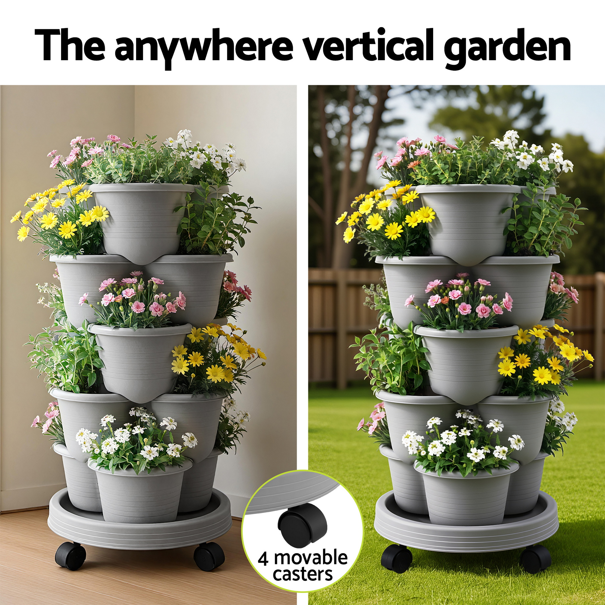 Green Fingers 5 Tier Vertical Garden Planter, Stackable Planters with 4 Wheels, Grey, Raised Garden Bed, Garden Tower Indoor Outdoor, Auto Drainage System, for Strawberries, Herbs, Flower, Vegetables - Image 4