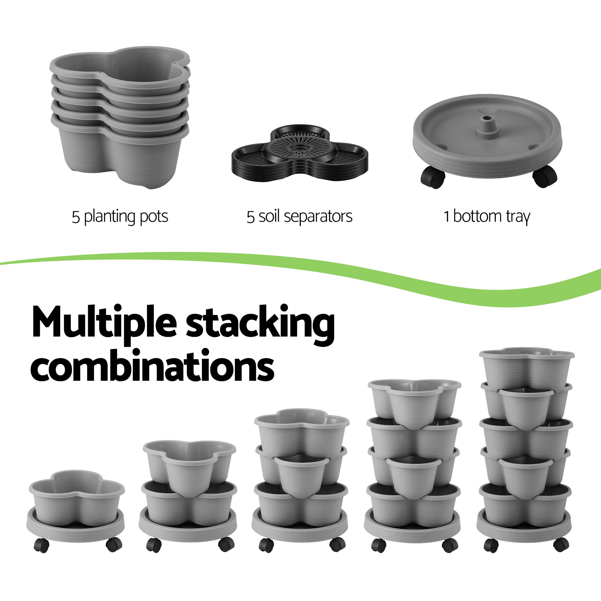 Green Fingers 5 Tier Vertical Garden Planter, Stackable Planters with 4 Wheels, Grey, Raised Garden Bed, Garden Tower Indoor Outdoor, Auto Drainage System, for Strawberries, Herbs, Flower, Vegetables - Image 6