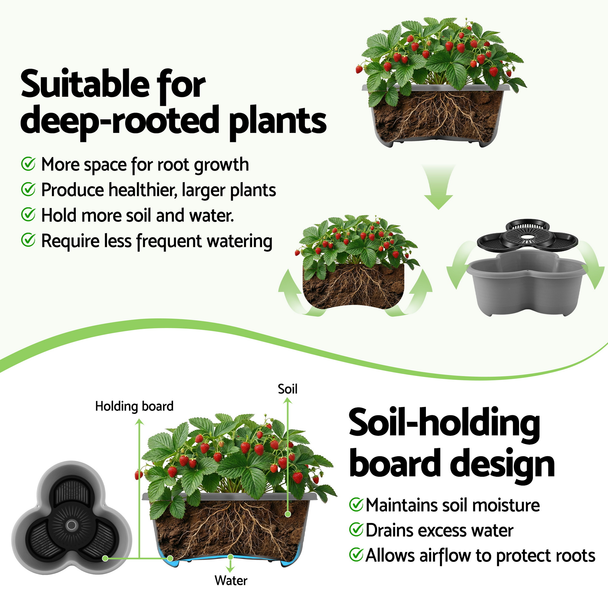 Green Fingers 5 Tier Vertical Garden Planter, Stackable Planters with 4 Wheels, Grey, Raised Garden Bed, Garden Tower Indoor Outdoor, Auto Drainage System, for Strawberries, Herbs, Flower, Vegetables - Image 7