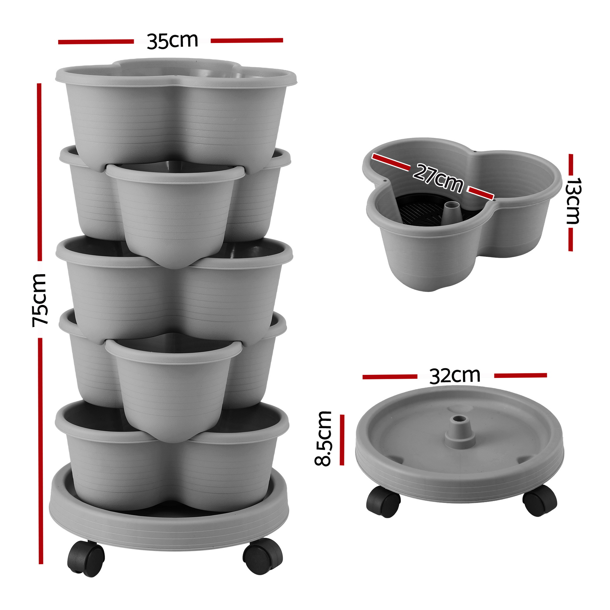 Green Fingers 5 Tier Vertical Garden Planter, Stackable Planters with 4 Wheels, Grey, Raised Garden Bed, Garden Tower Indoor Outdoor, Auto Drainage System, for Strawberries, Herbs, Flower, Vegetables - Image 8