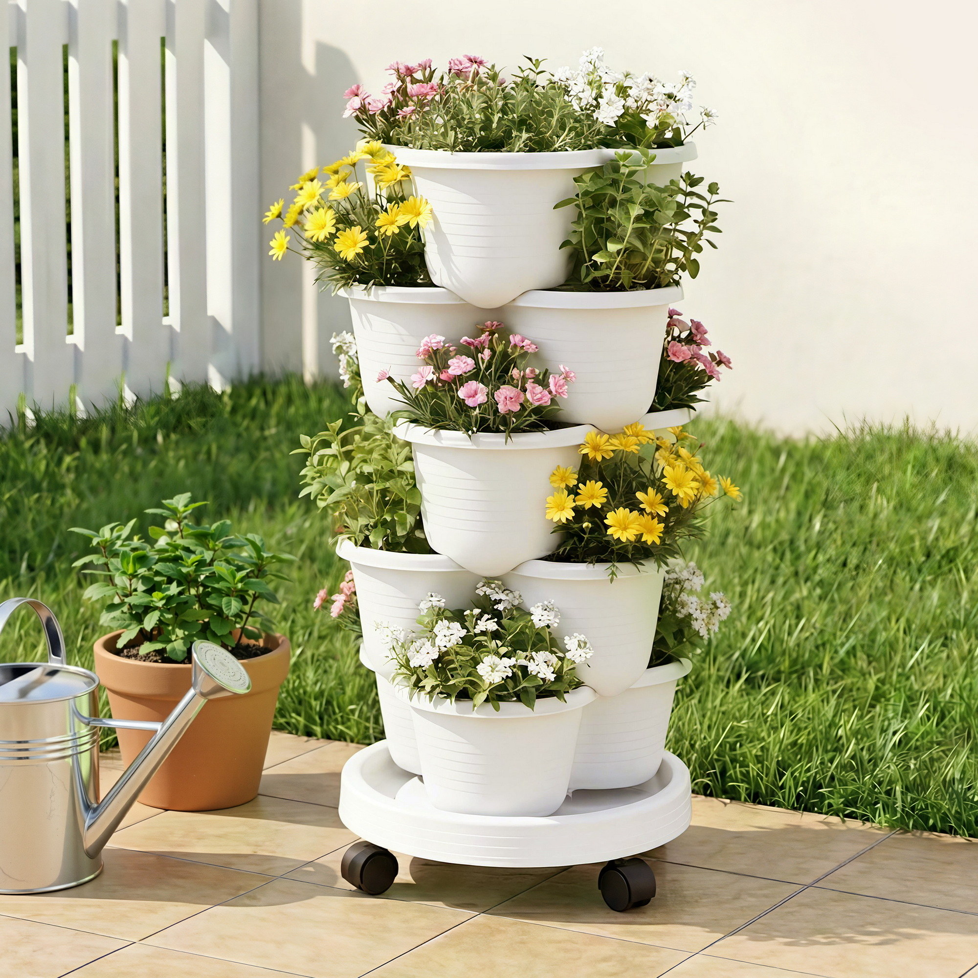Green Fingers 5 Tier Vertical Garden Planter, Stackable Planters with Wheels, White, Garden Bed, Garden Tower Indoor Outdoor, Auto Drainage System, for Strawberries, Herbs, Flowers, Vegetables - Image 1