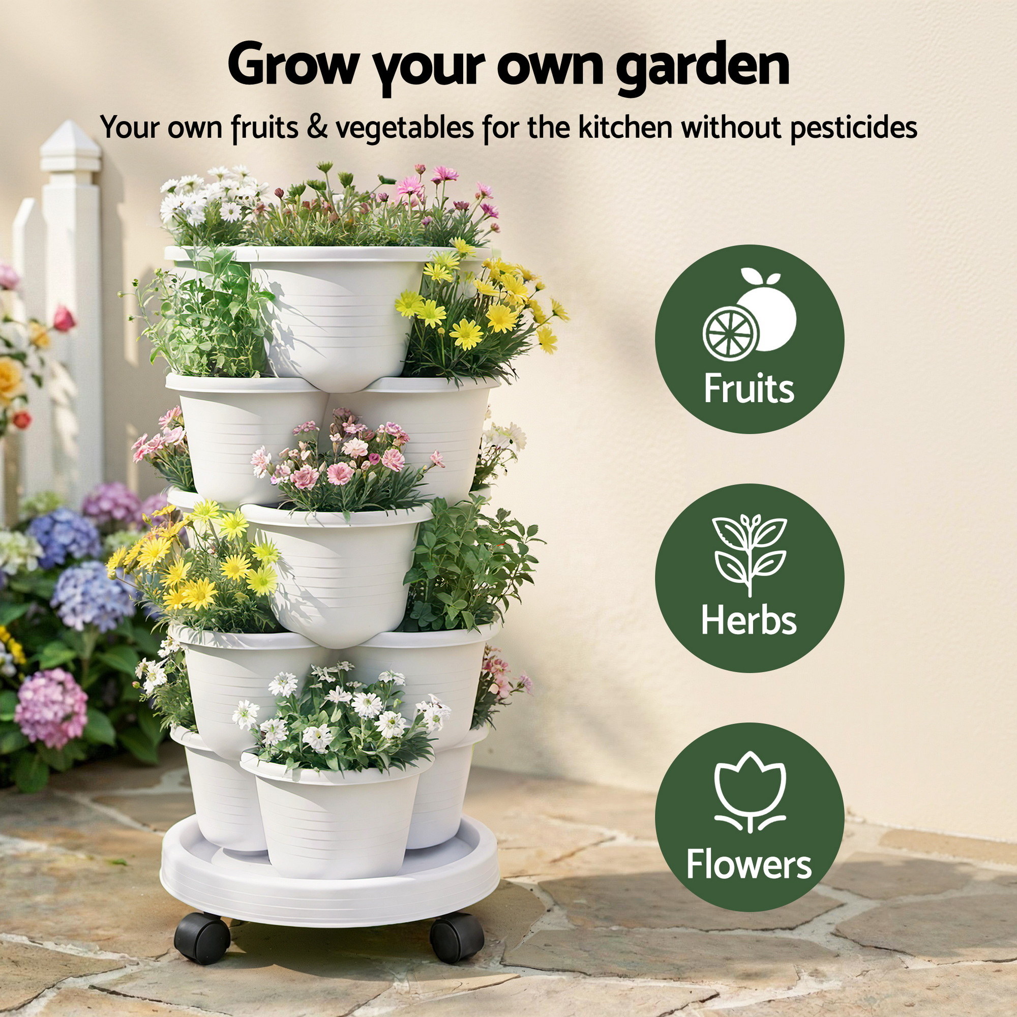 Green Fingers 5 Tier Vertical Garden Planter, Stackable Planters with Wheels, White, Garden Bed, Garden Tower Indoor Outdoor, Auto Drainage System, for Strawberries, Herbs, Flowers, Vegetables - Image 2