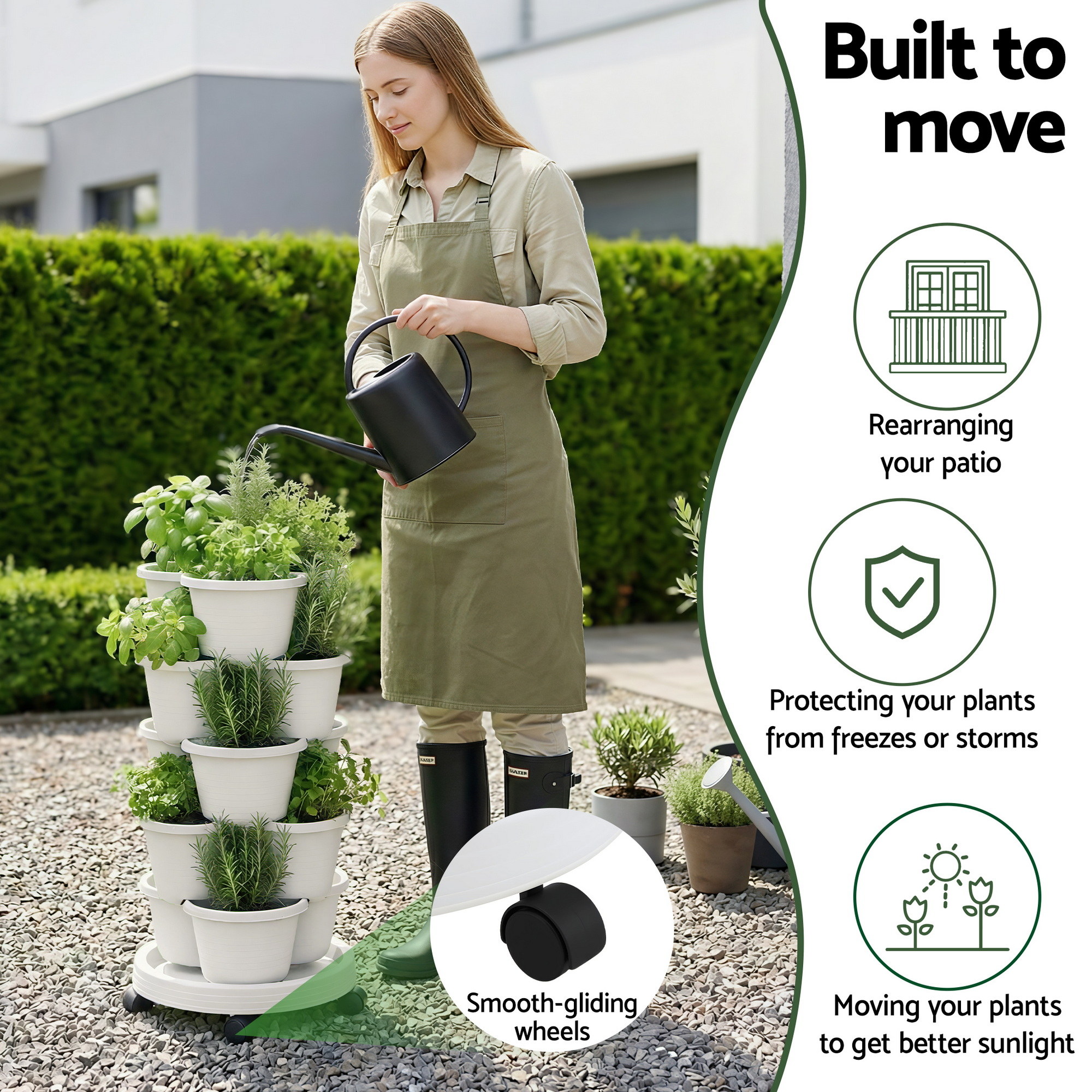 Green Fingers 5 Tier Vertical Garden Planter, Stackable Planters with Wheels, White, Garden Bed, Garden Tower Indoor Outdoor, Auto Drainage System, for Strawberries, Herbs, Flowers, Vegetables - Image 3