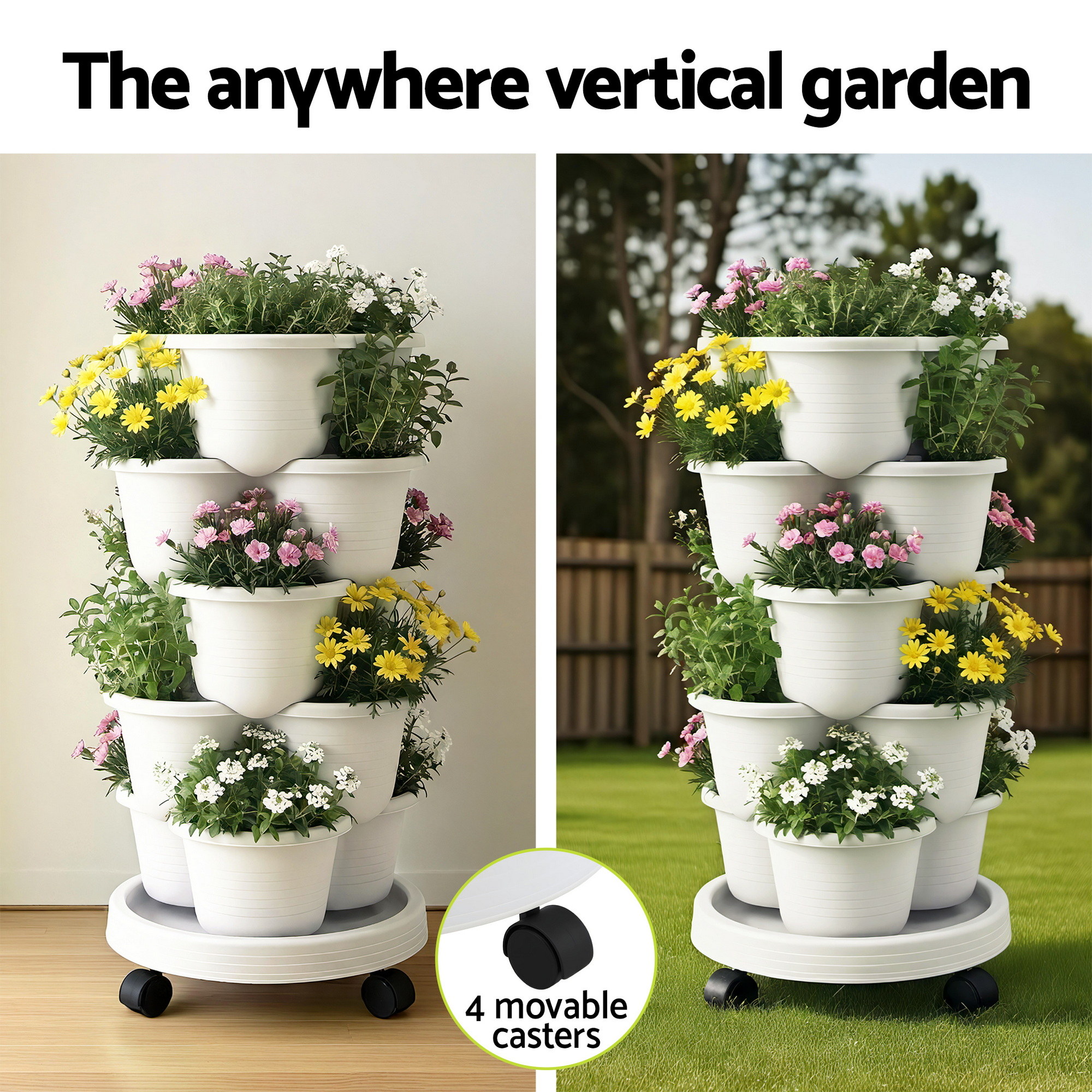 Green Fingers 5 Tier Vertical Garden Planter, Stackable Planters with Wheels, White, Garden Bed, Garden Tower Indoor Outdoor, Auto Drainage System, for Strawberries, Herbs, Flowers, Vegetables - Image 4