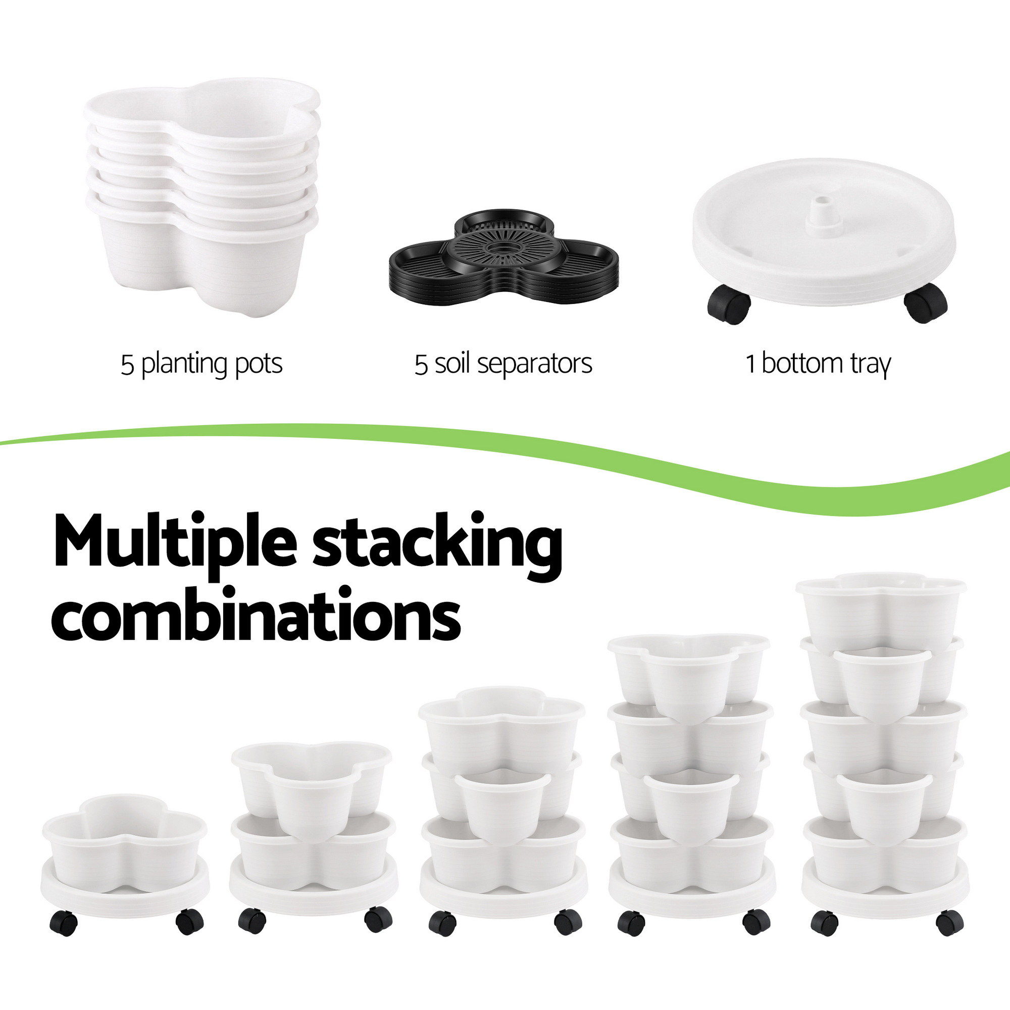 Green Fingers 5 Tier Vertical Garden Planter, Stackable Planters with Wheels, White, Garden Bed, Garden Tower Indoor Outdoor, Auto Drainage System, for Strawberries, Herbs, Flowers, Vegetables - Image 6