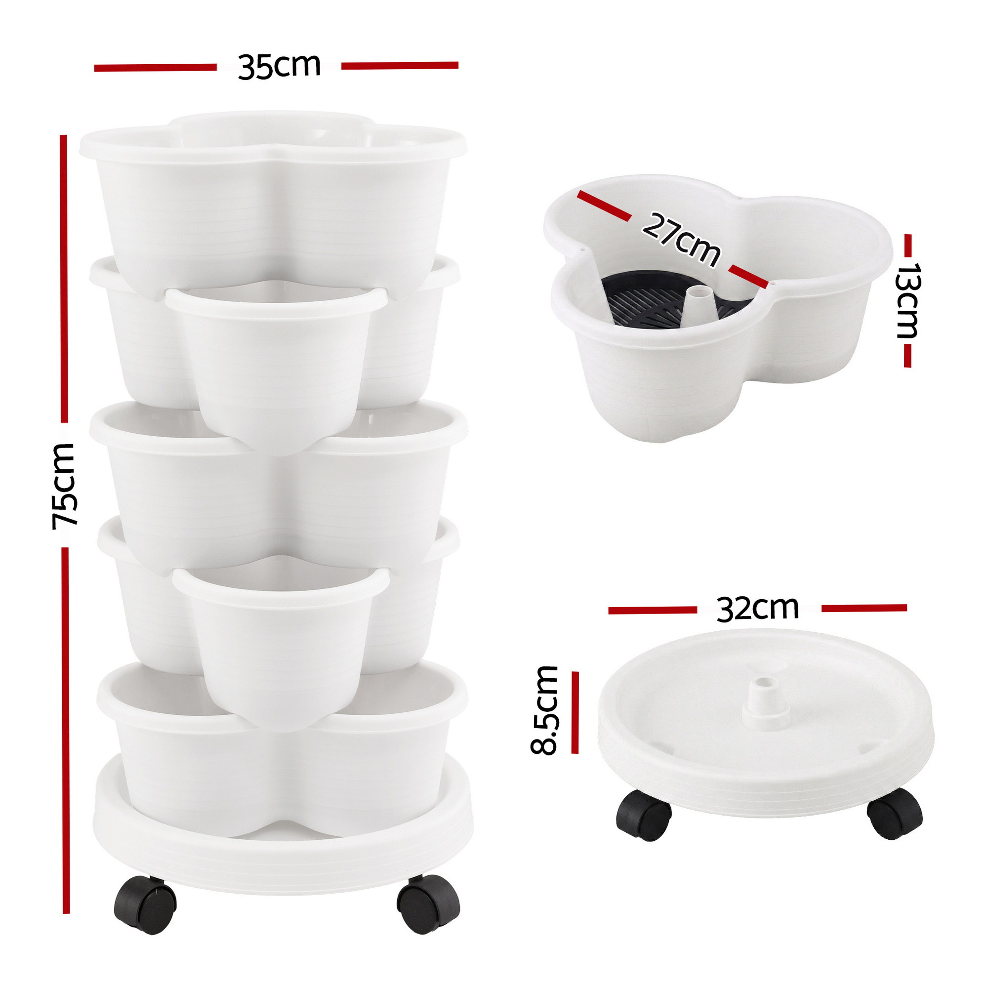 Green Fingers 5 Tier Vertical Garden Planter, Stackable Planters with Wheels, White, Garden Bed, Garden Tower Indoor Outdoor, Auto Drainage System, for Strawberries, Herbs, Flowers, Vegetables - Image 8