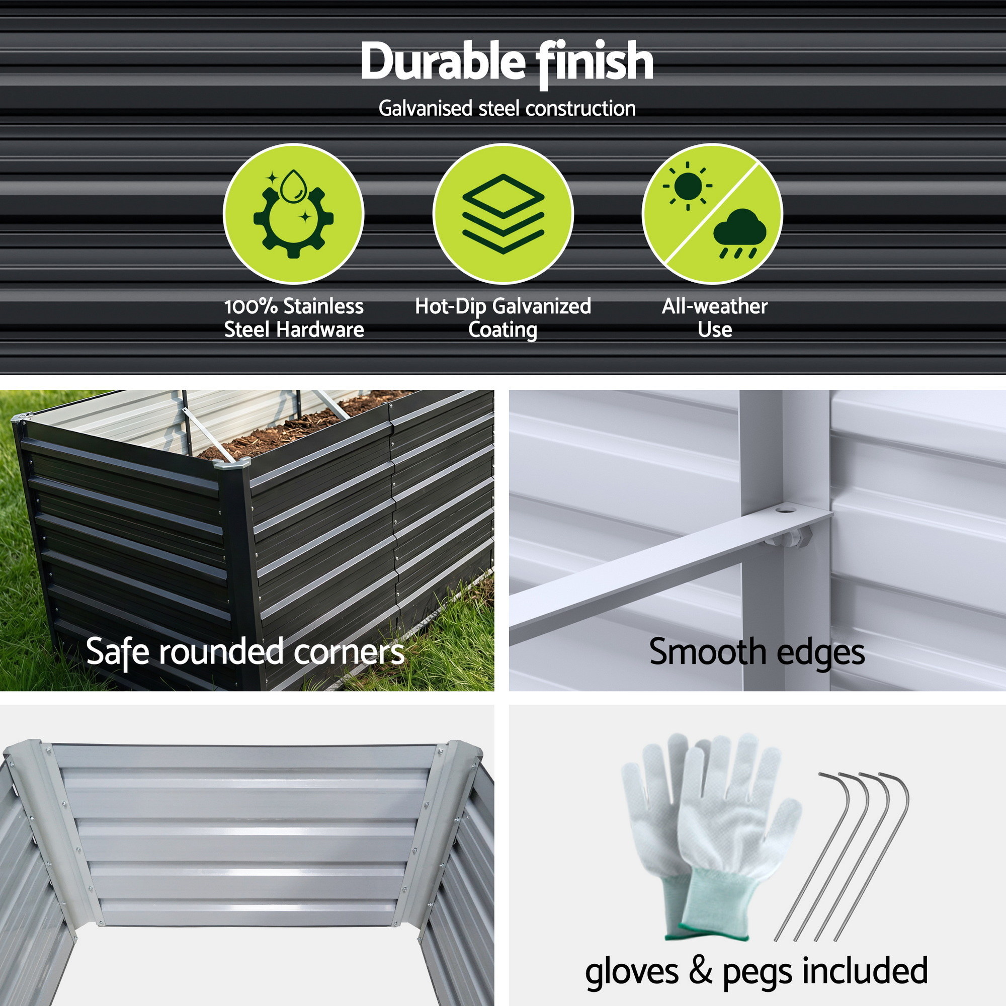 Green Fingers 2-in-1 Raised Garden Bed Kit, 240cm/120cm| 77cm Extra Deep Ergonomic Planter Box | Protect Your Back | Galvanised Steel Vegetable Flower Pot for Outdoor Garden | Includes Gloves & Pegs - Image 8