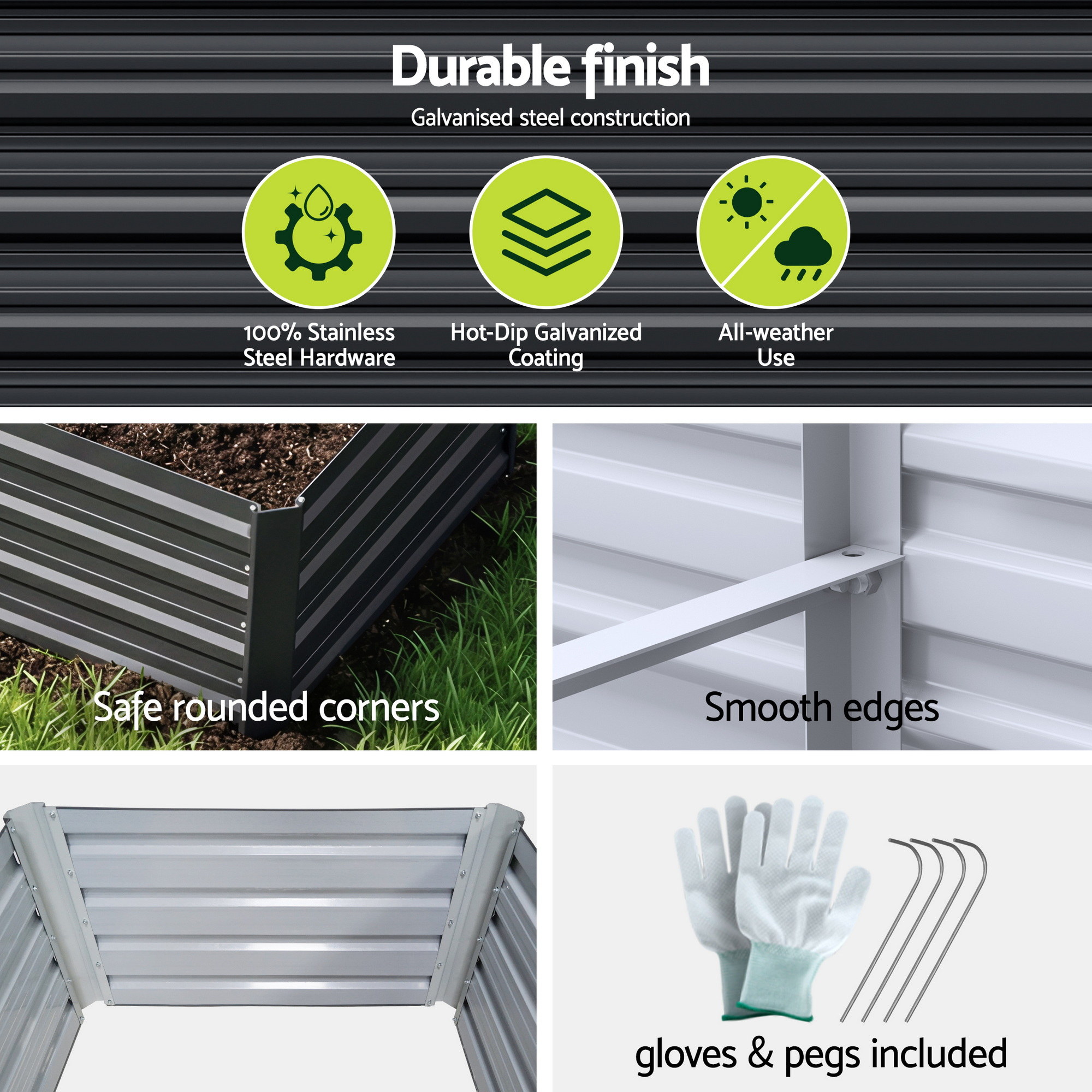 Green Fingers 2-in-1 Raised Garden Bed Kit Ergonomic 45cm Professional Depth 320cm Large Metal Planter Box | Easier Access Veggie Patch | Rust-Proof Galvanised Steel with Safe Rounded Corners & Gloves - Image 8