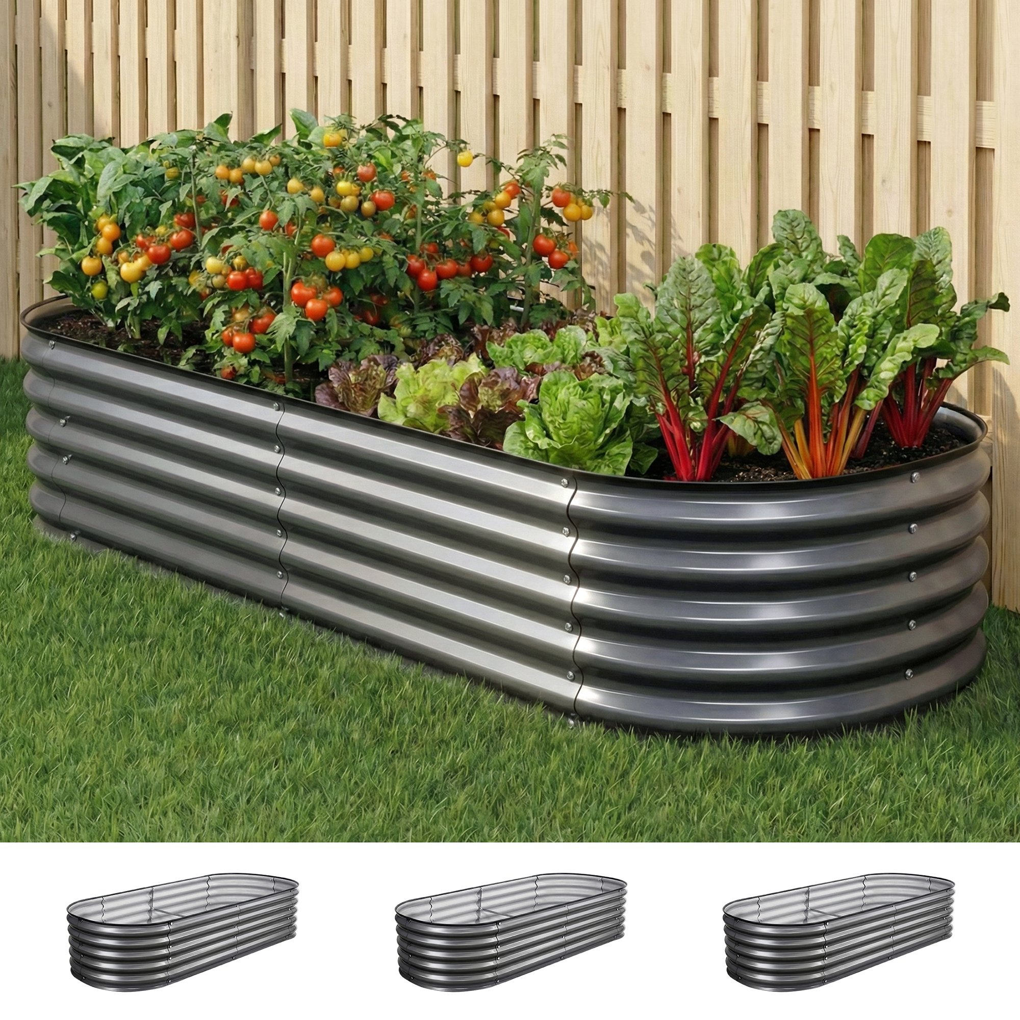 Green Fingers 3 Pcs Raised Garden Bed Kit Oval Galvanized Steel Planter Boxes 160x80x42cm, Heavy Duty Metal Elevated Garden Bed for Vegetables Flowers Herbs, with Safety Edging, Gloves & Pegs Included - Image 1