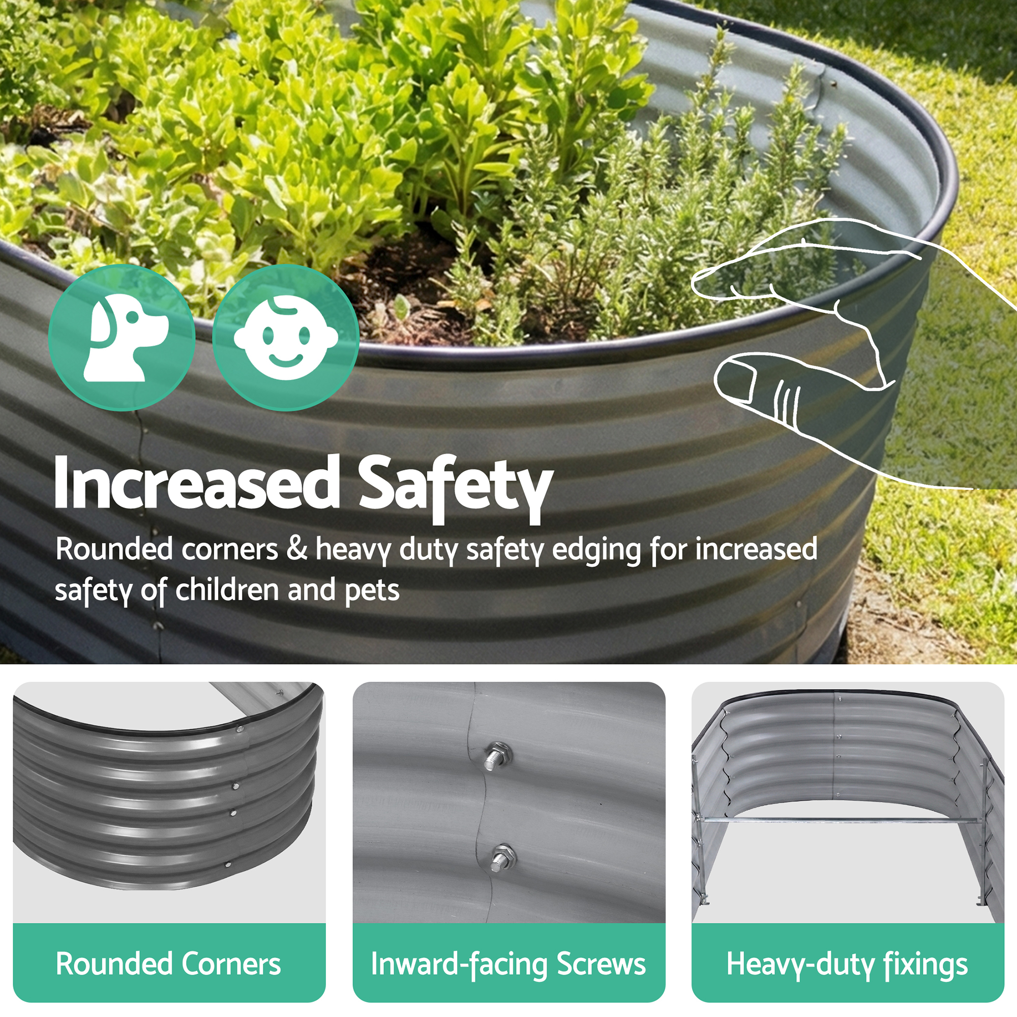 Green Fingers 3 Pcs Raised Garden Bed Kit Oval Galvanized Steel Planter Boxes 160x80x42cm, Heavy Duty Metal Elevated Garden Bed for Vegetables Flowers Herbs, with Safety Edging, Gloves & Pegs Included - Image 4