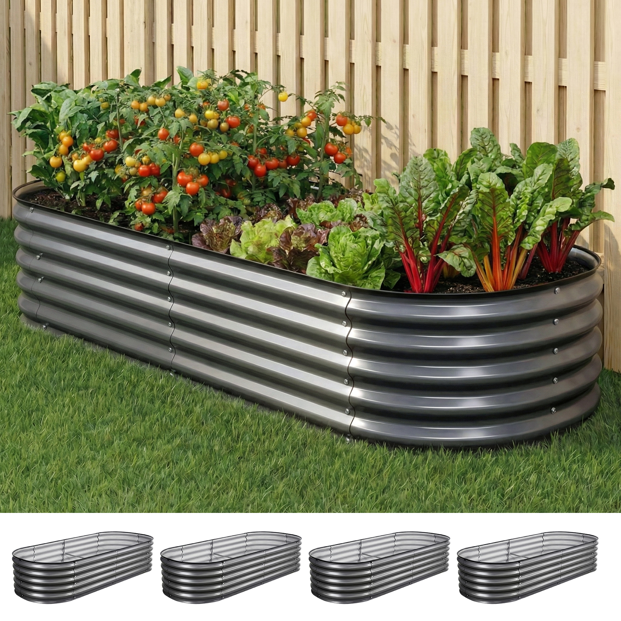 Green Fingers 4 Pcs Raised Garden Bed Kit Oval Galvanized Steel Planter Boxes 160x80x42cm, Heavy Duty Metal Elevated Garden Bed for Vegetables Flowers Herbs, with Safety Edging, Gloves & Pegs Included - Image 1