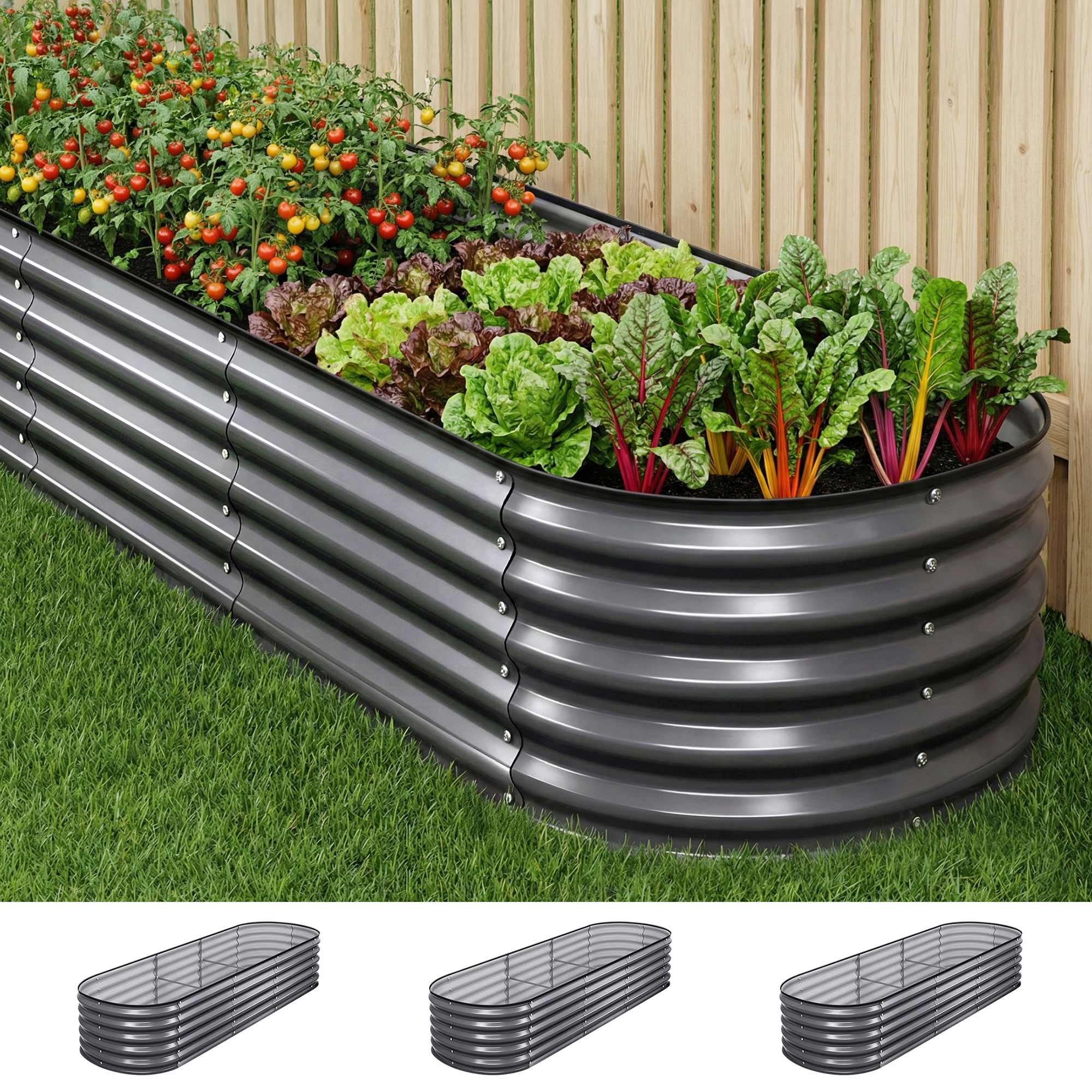Green Fingers 3 Pcs Raised Garden Bed Kit Oval Galvanized Steel Planter Boxes 240x80x42cm, Heavy Duty Metal Elevated Garden Bed for Vegetables Flowers Herbs, with Safety Edging, Gloves & Pegs Included - Image 1