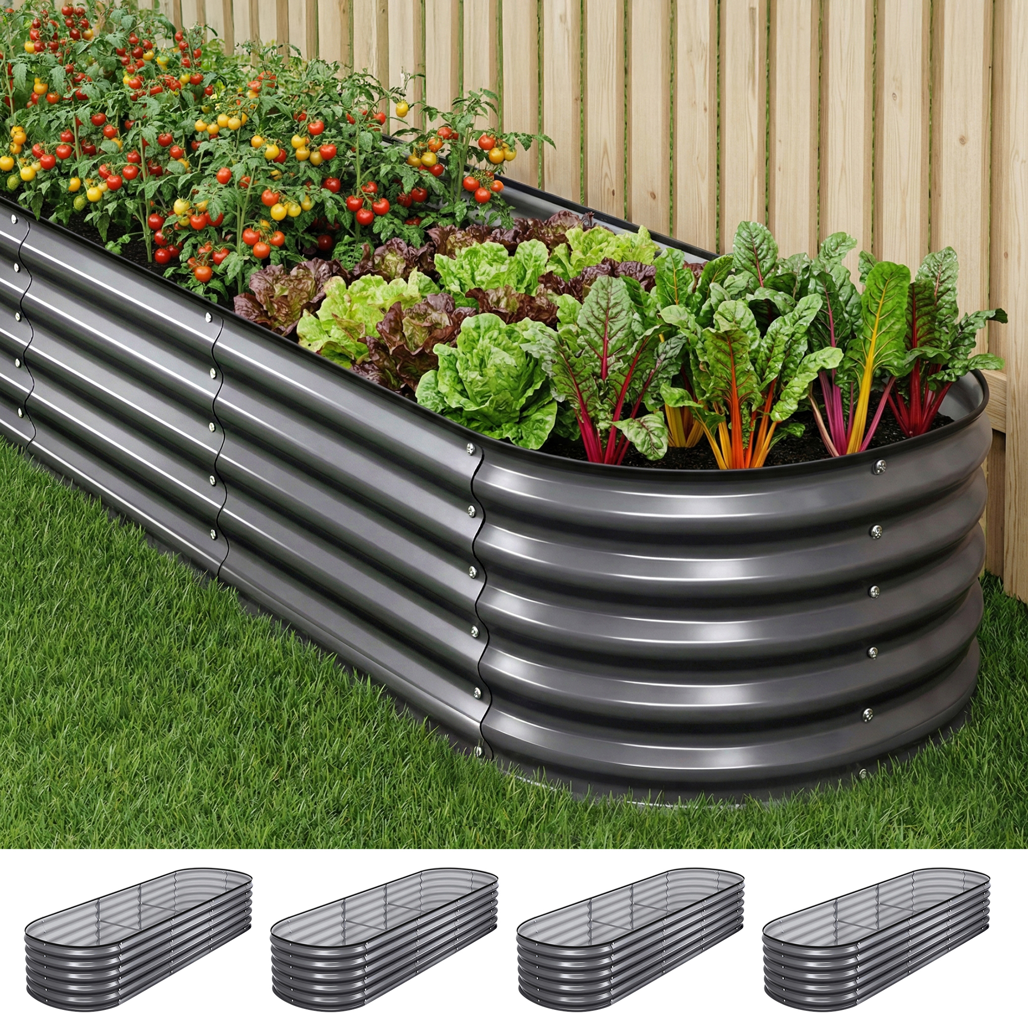 Green Fingers 4 Pcs Raised Garden Bed Kit Oval Galvanized Steel Planter Boxes 240x80x42cm, Heavy Duty Metal Elevated Garden Bed for Vegetables Flowers Herbs, with Safety Edging, Gloves & Pegs Included - Image 1