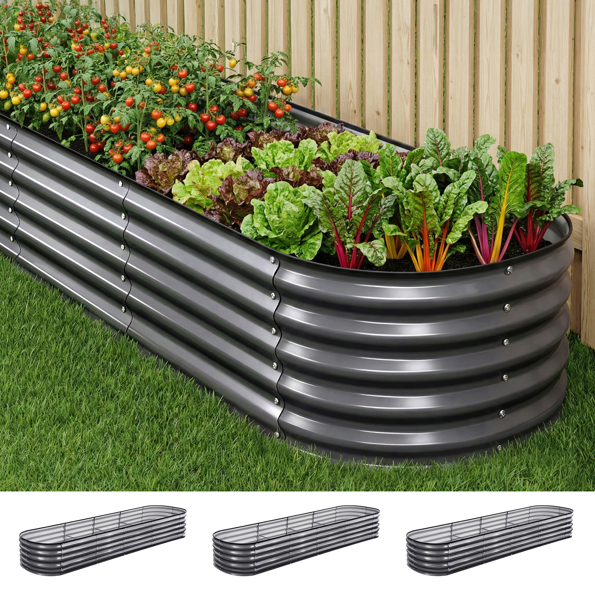 Green Fingers 3 Pcs Raised Garden Bed Kit Oval Galvanized Steel Planter Boxes 320x80x42cm, Heavy Duty Metal Elevated Garden Bed for Vegetables Flowers Herbs, with Safety Edging, Gloves & Pegs Included - Image 1