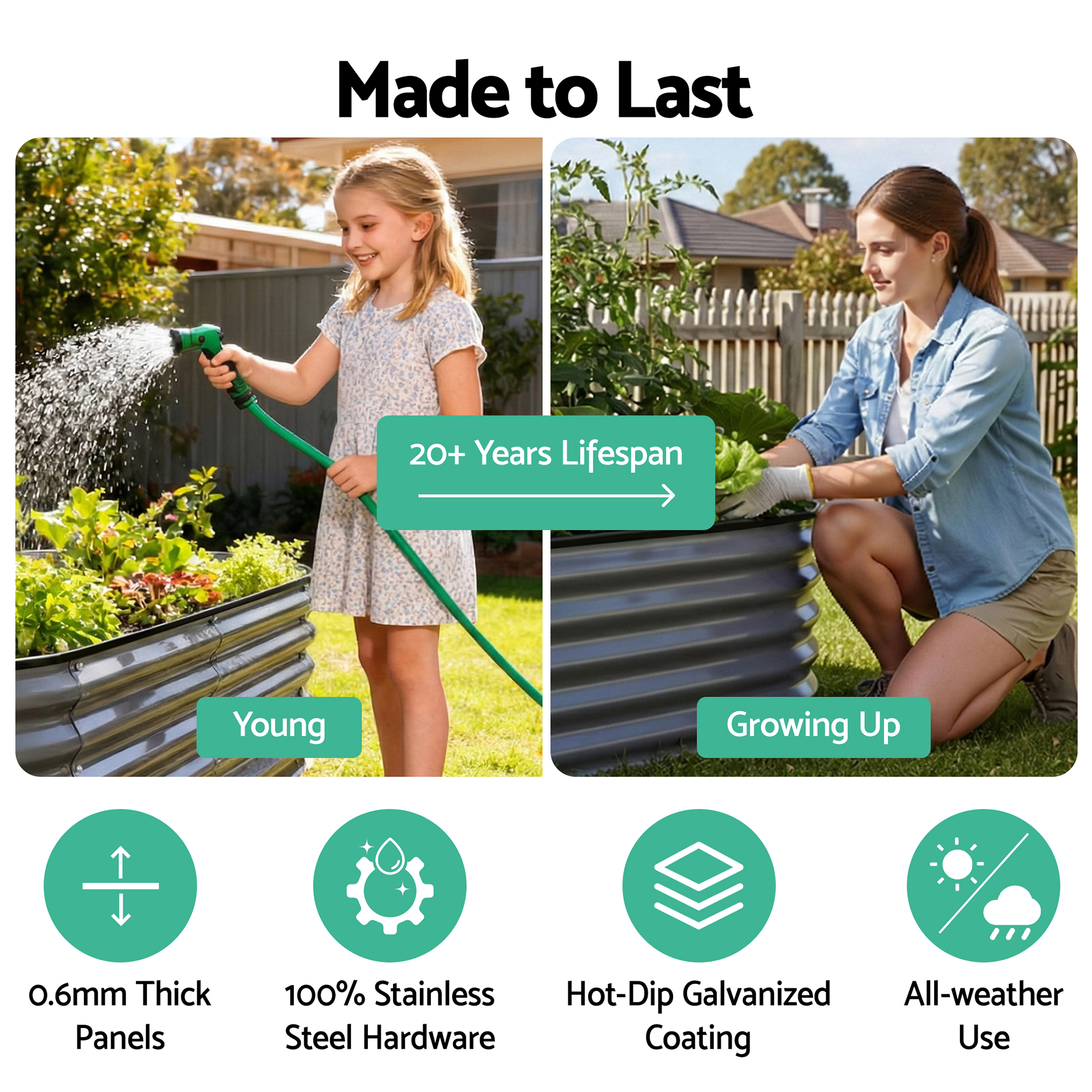 Green Fingers 3 Pcs Raised Garden Bed Kit Oval Galvanized Steel Planter Boxes 320x80x42cm, Heavy Duty Metal Elevated Garden Bed for Vegetables Flowers Herbs, with Safety Edging, Gloves & Pegs Included - Image 2