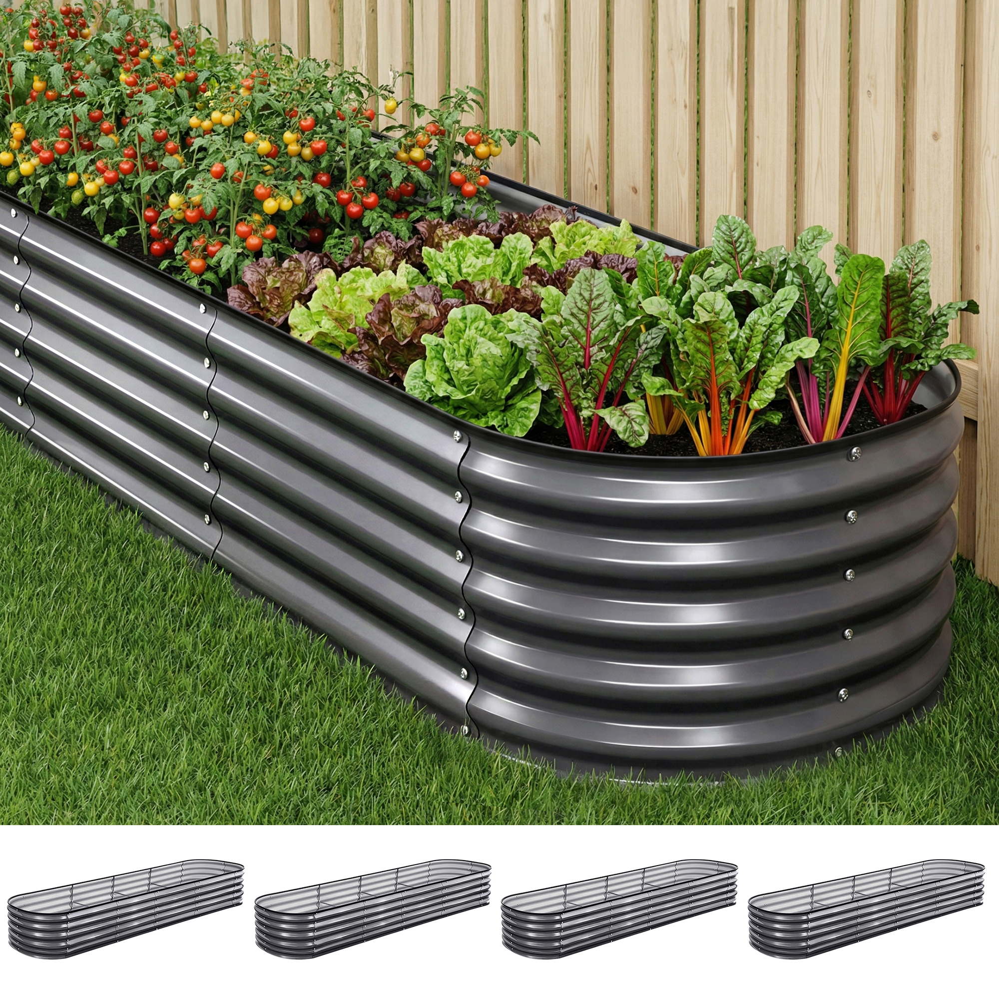 Green Fingers 4 Pcs Raised Garden Bed Kit Oval Galvanized Steel Planter Boxes 320x80x42cm, Heavy Duty Metal Elevated Garden Bed for Vegetables Flowers Herbs, with Safety Edging, Gloves & Pegs Included - Image 1