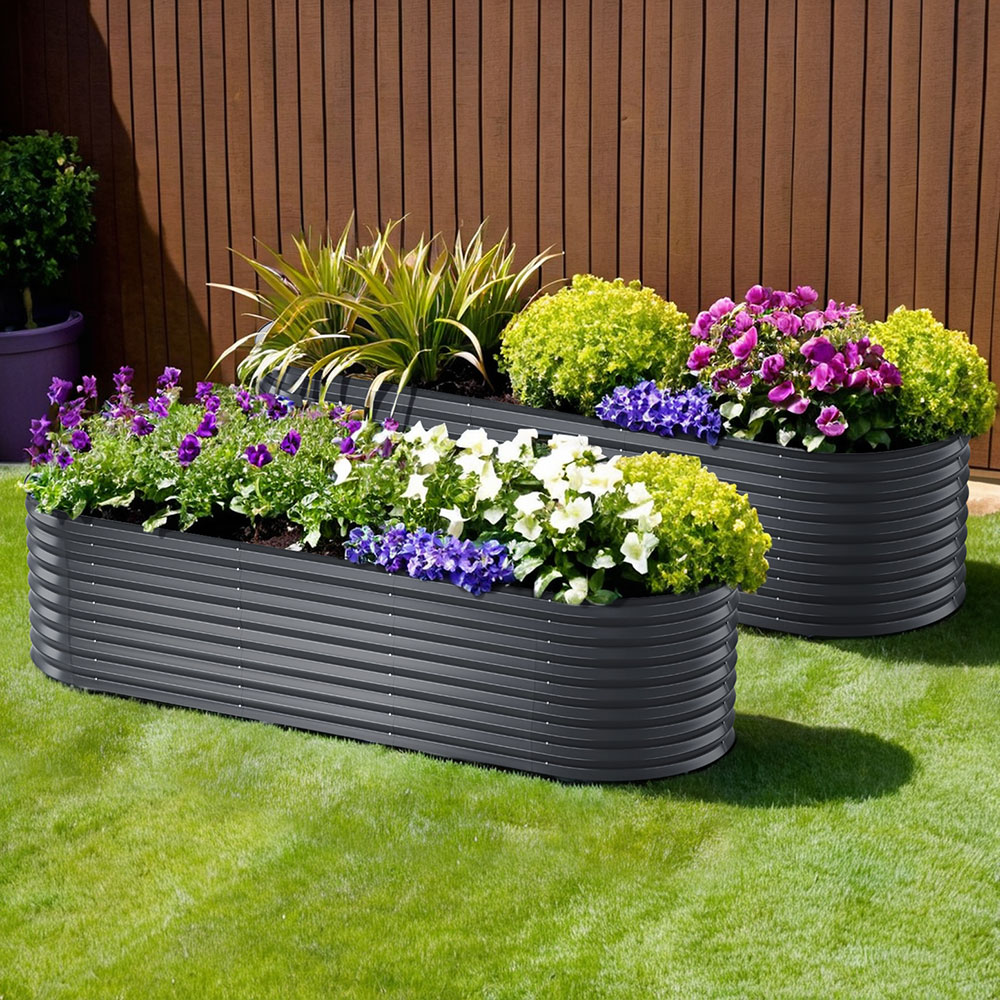 x2 Green Fingers Raised Garden Bed Kit Planter Oval Galvanised Steel 240cmX80cmX56cm - Image 1