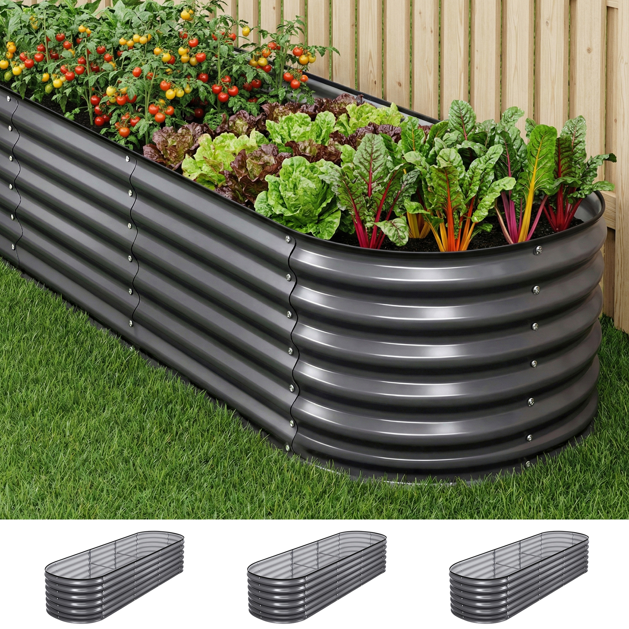 Green Fingers 3 Pcs Raised Garden Bed Kit Oval Galvanized Steel Planter Boxes 240x80x56cm, Heavy Duty Metal Elevated Garden Bed for Vegetables Flowers Herbs, with Safety Edging, Gloves & Pegs Included - Image 1