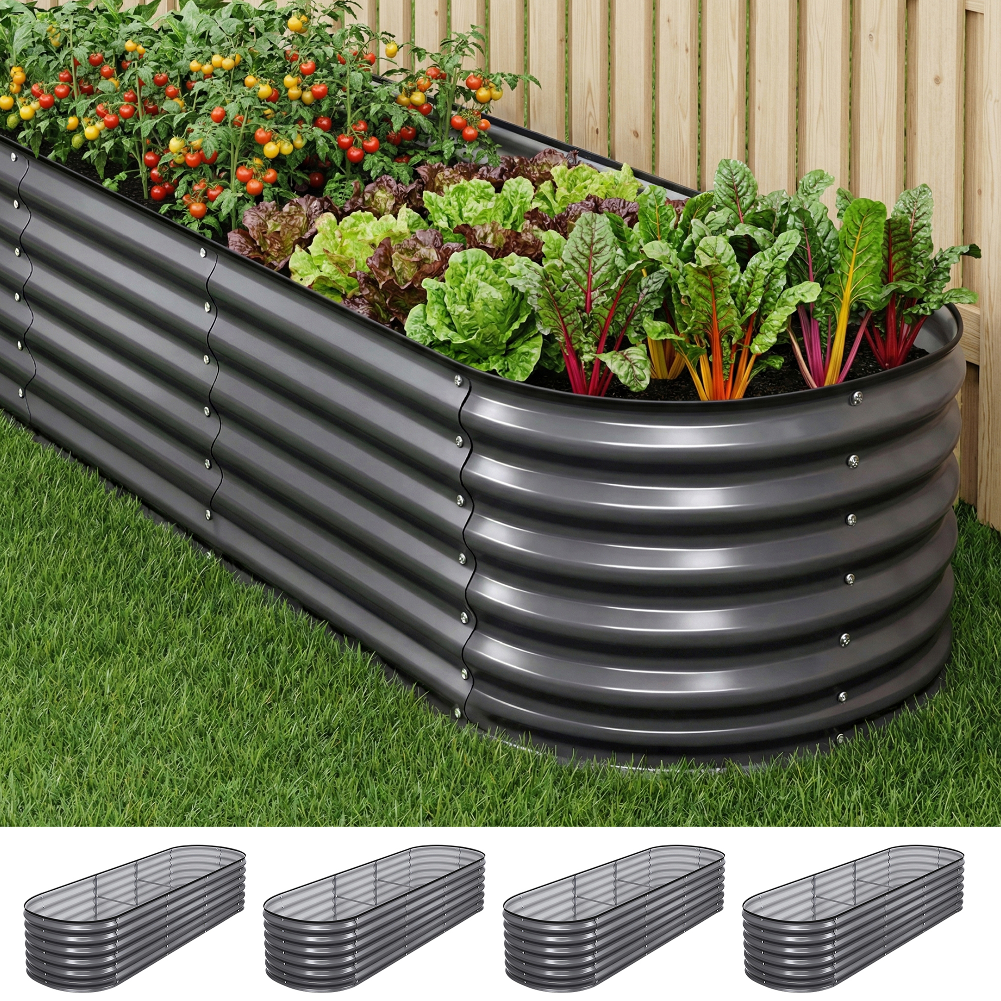 Green Fingers 4 Pcs Raised Garden Bed Kit Oval Galvanized Steel Planter Boxes 240x80x56cm, Heavy Duty Metal Elevated Garden Bed for Vegetables Flowers Herbs, with Safety Edging, Gloves & Pegs Included - Image 1
