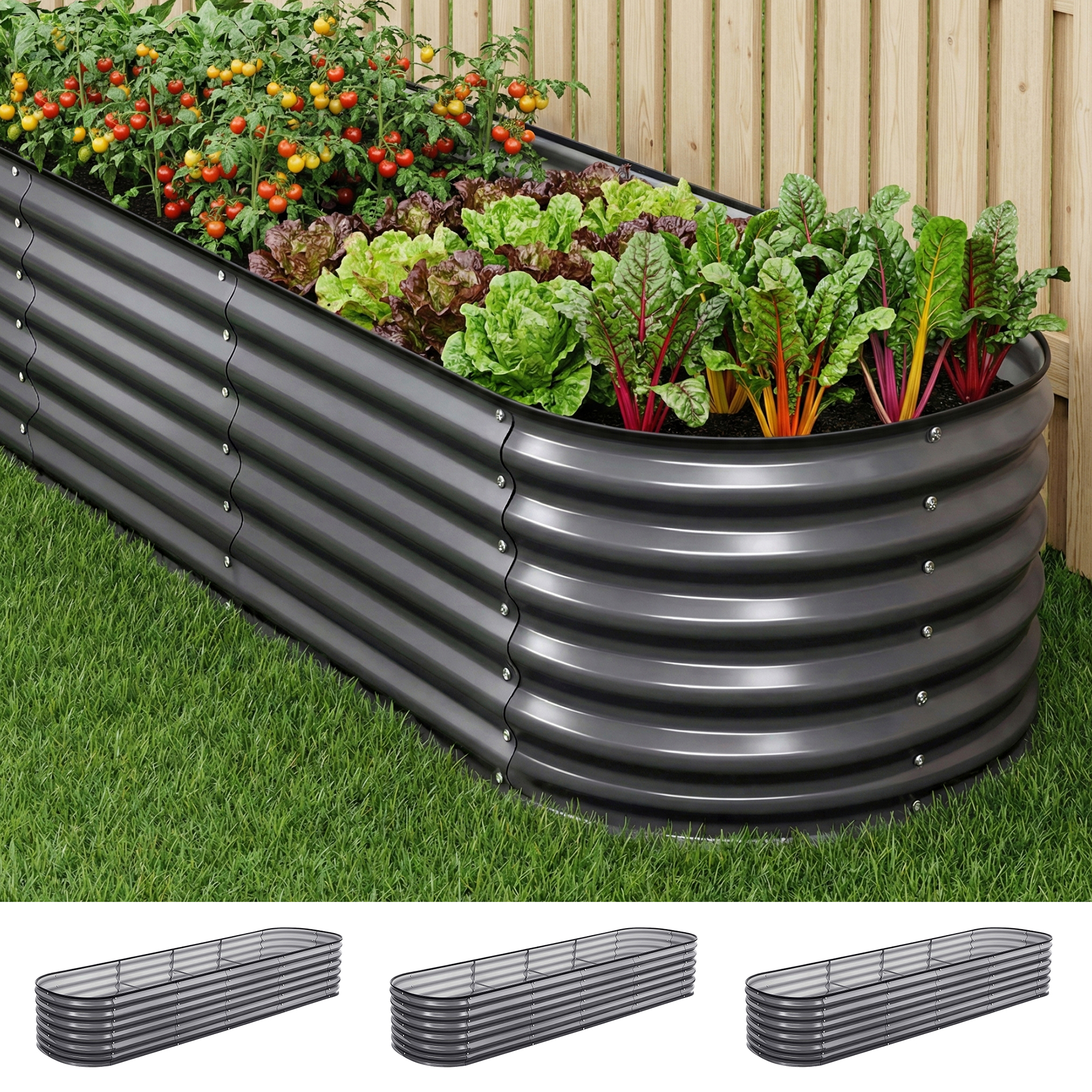 Green Fingers 3 Pcs Raised Garden Bed Kit Oval Galvanized Steel Planter Boxes 320x80x56cm, Heavy Duty Metal Elevated Garden Bed for Vegetables Flowers Herbs, with Safety Edging, Gloves & Pegs Included - Image 1