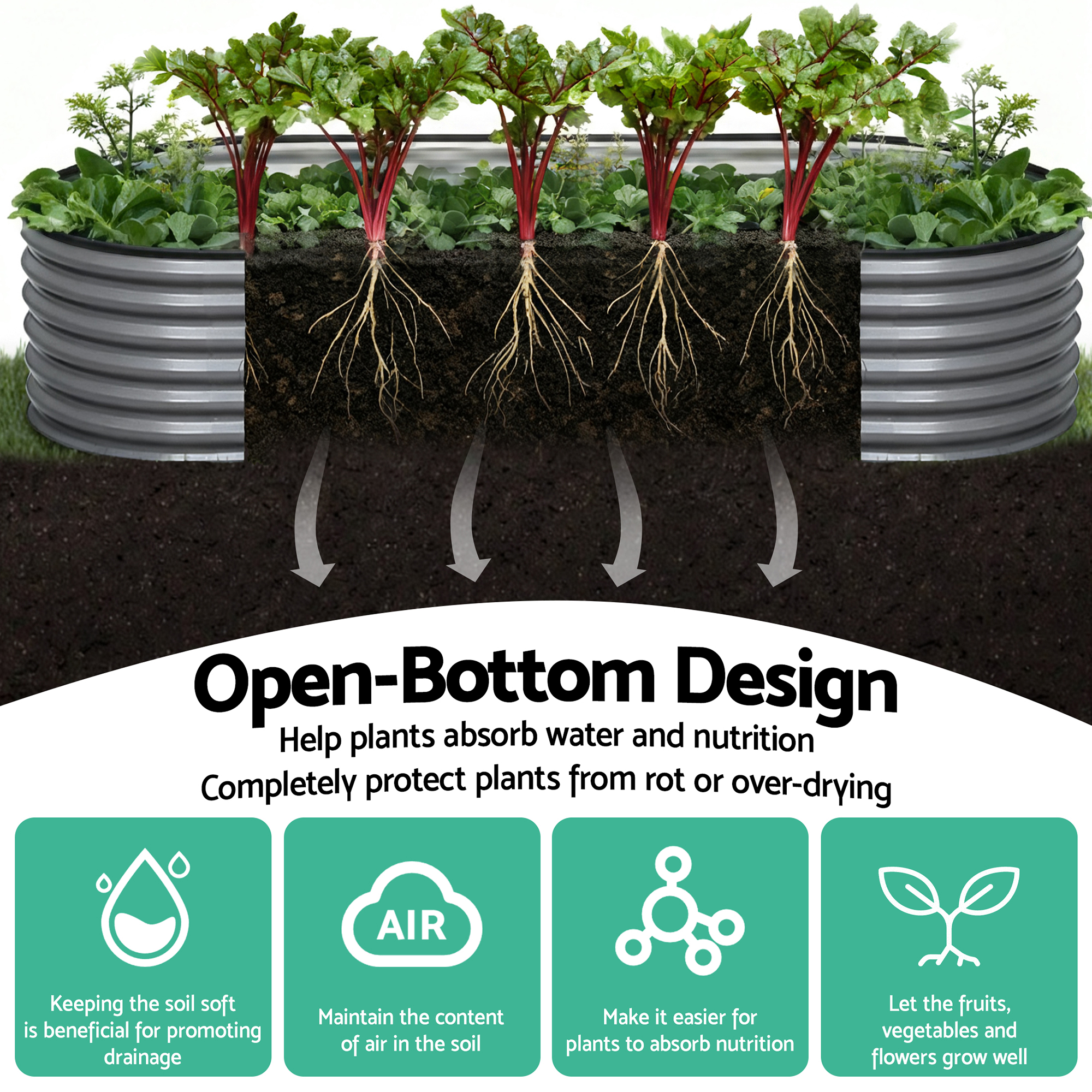Green Fingers 3 Pcs Raised Garden Bed Kit Oval Galvanized Steel Planter Boxes 320x80x56cm, Heavy Duty Metal Elevated Garden Bed for Vegetables Flowers Herbs, with Safety Edging, Gloves & Pegs Included - Image 3