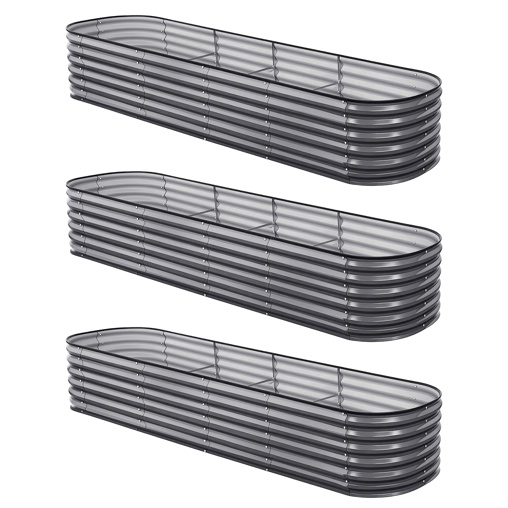 Green Fingers 3 Pcs Raised Garden Bed Kit Oval Galvanized Steel Planter Boxes 320x80x56cm, Heavy Duty Metal Elevated Garden Bed for Vegetables Flowers Herbs, with Safety Edging, Gloves & Pegs Included - Image 6