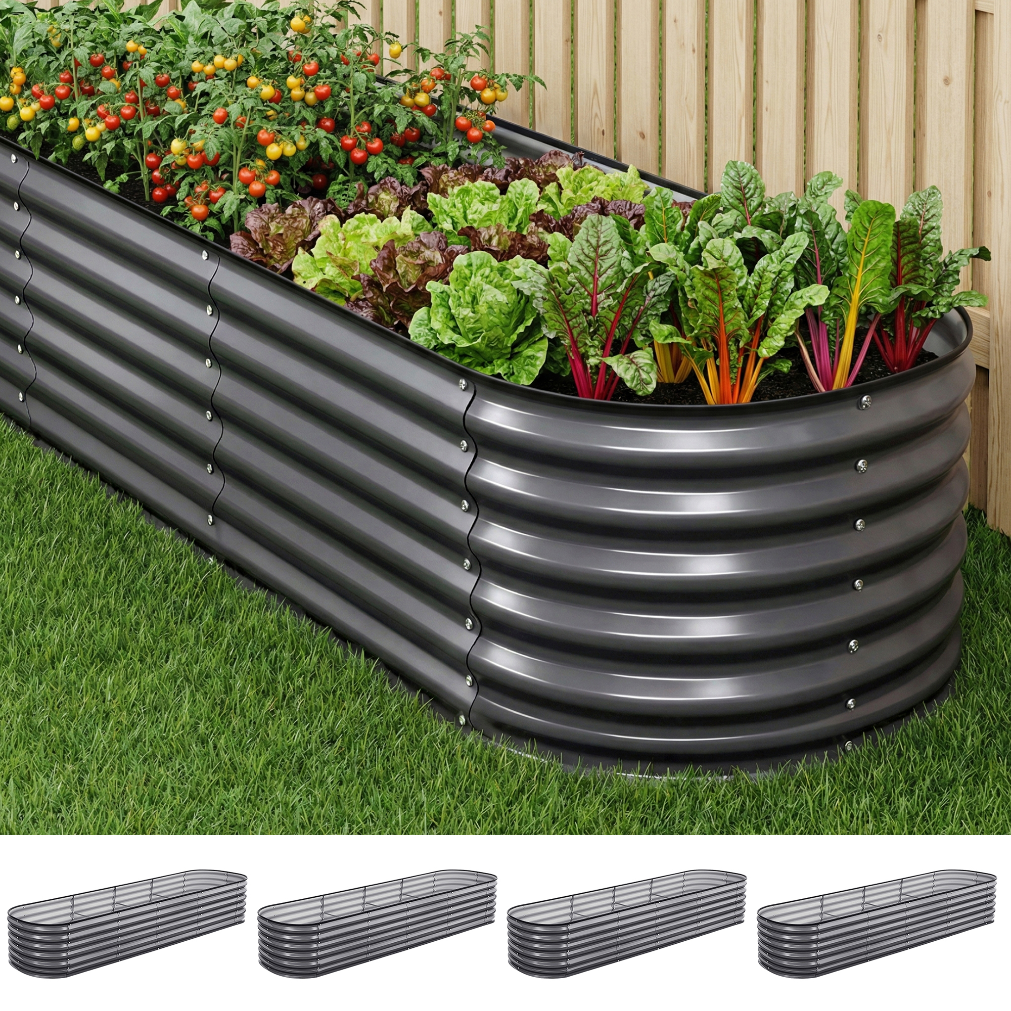 Green Fingers 4 Pcs Raised Garden Bed Kit Oval Galvanized Steel Planter Boxes 320x80x56cm, Heavy Duty Metal Elevated Garden Bed for Vegetables Flowers Herbs, with Safety Edging, Gloves & Pegs Included - Image 1