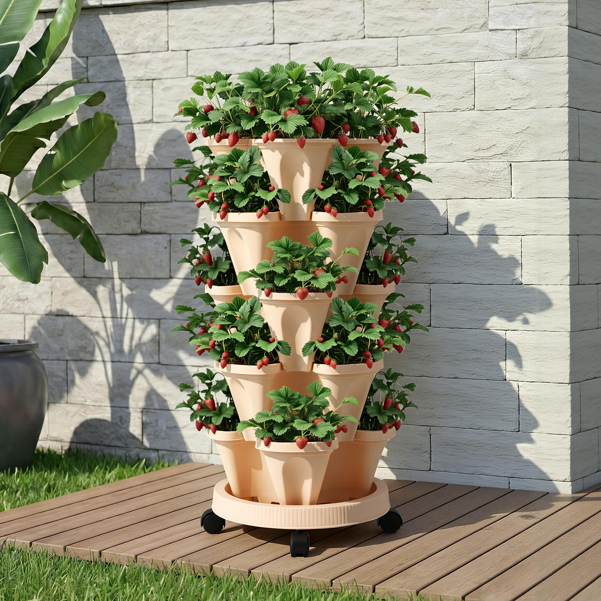Green Fingers Garden Bed 5 Tier Vertical Garden Grey Strawberry Stackable Planters Herbs Beige - Image 1