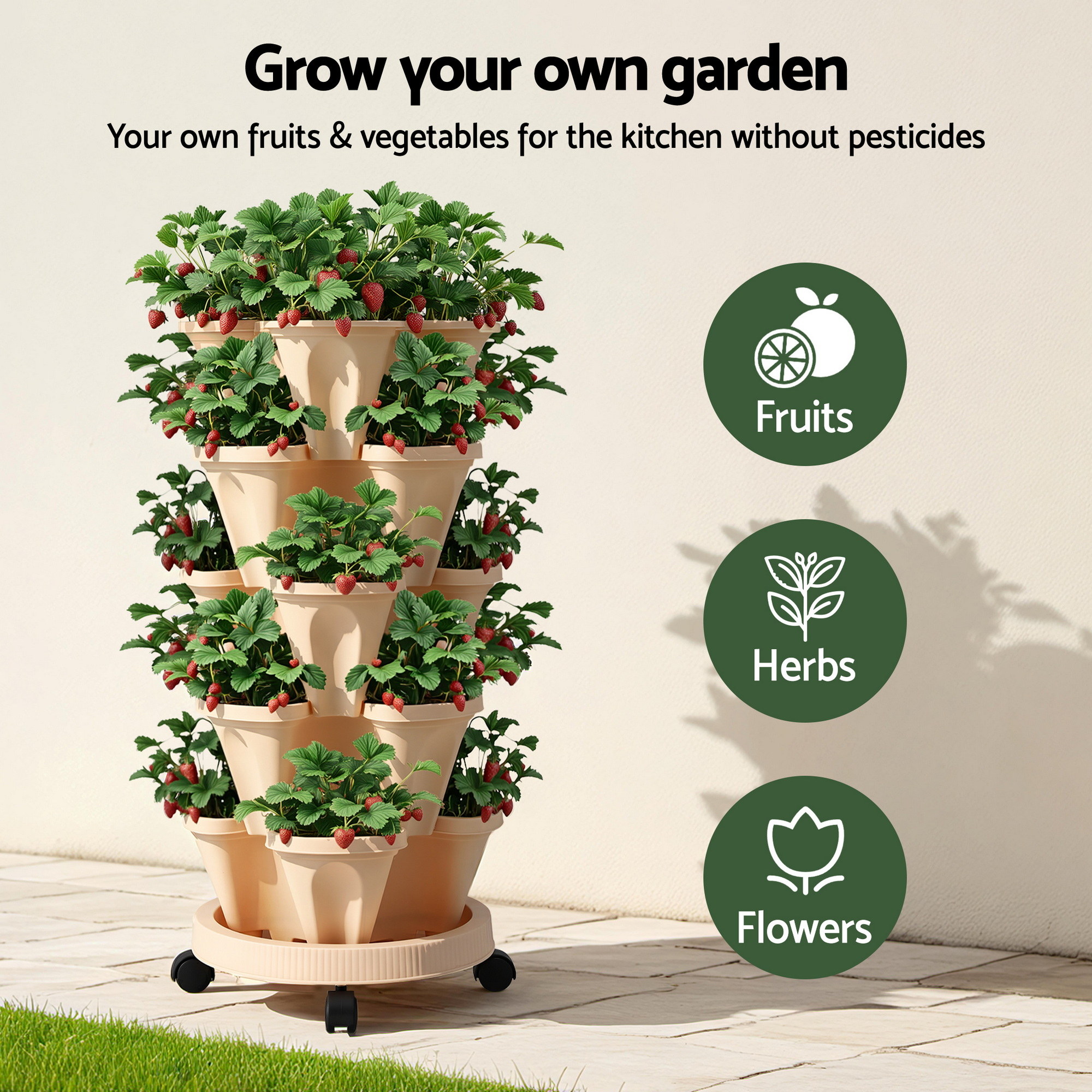 Green Fingers Garden Bed 5 Tier Vertical Garden Grey Strawberry Stackable Planters Herbs Beige - Image 2