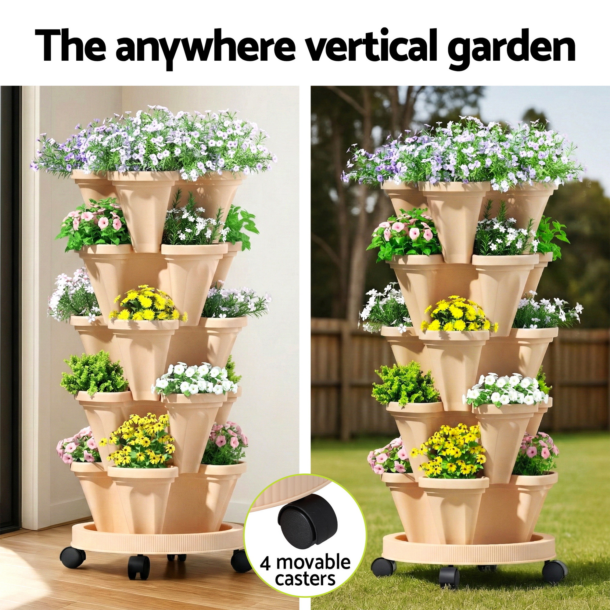 Green Fingers Garden Bed 5 Tier Vertical Garden Grey Strawberry Stackable Planters Herbs Beige - Image 3