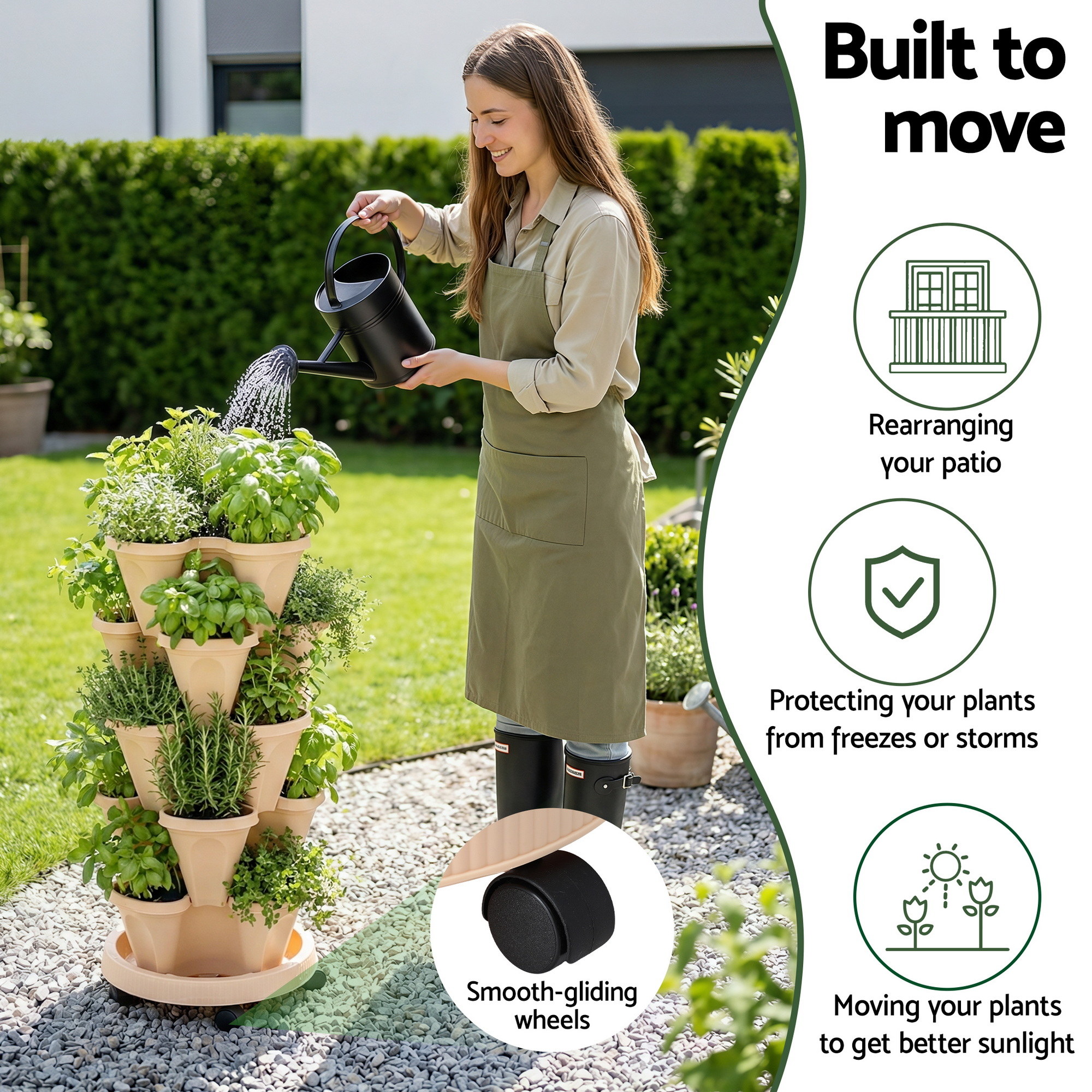 Green Fingers Garden Bed 5 Tier Vertical Garden Grey Strawberry Stackable Planters Herbs Beige - Image 4
